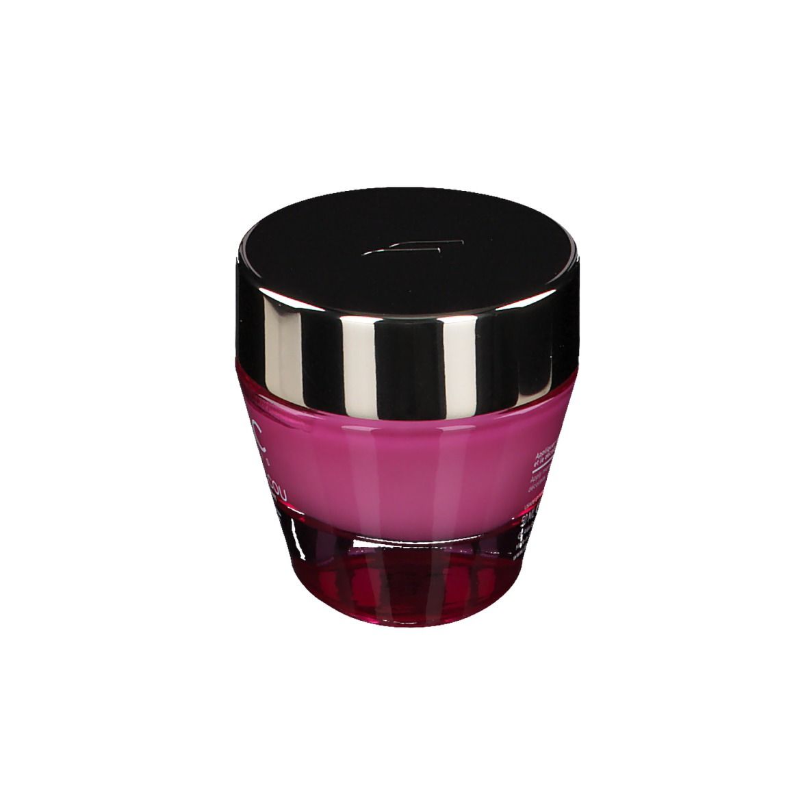 Crema rosa in vasetto rotondo con coperchio nero. Vista frontale del prodotto.