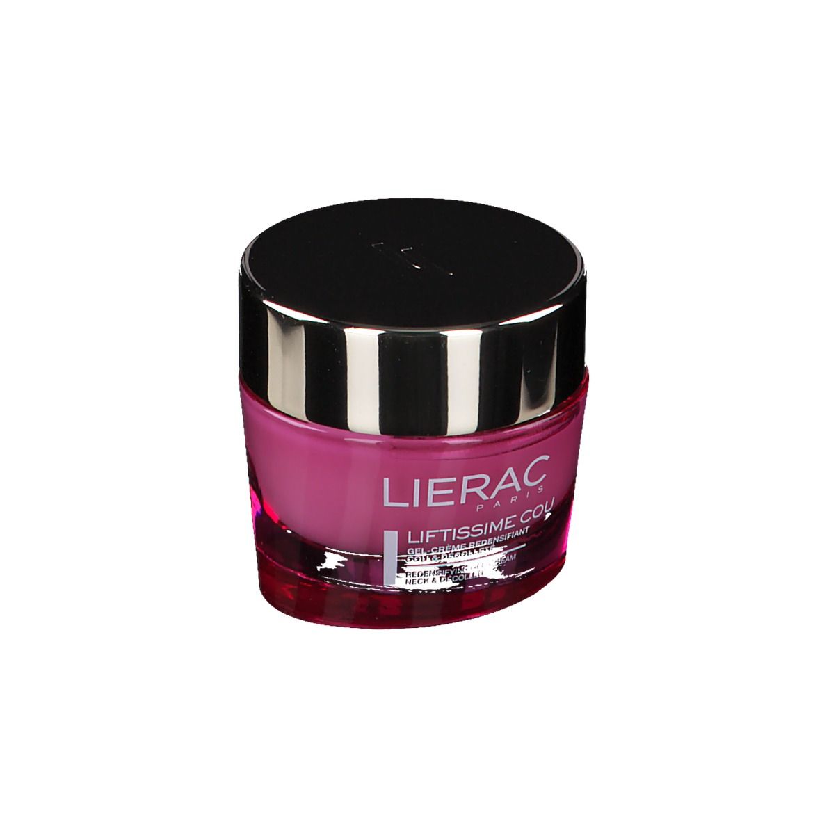 Crema rosa in vasetto rotondo con coperchio nero. Scritta LIERAC PARIS e LIFTISSIME COU.