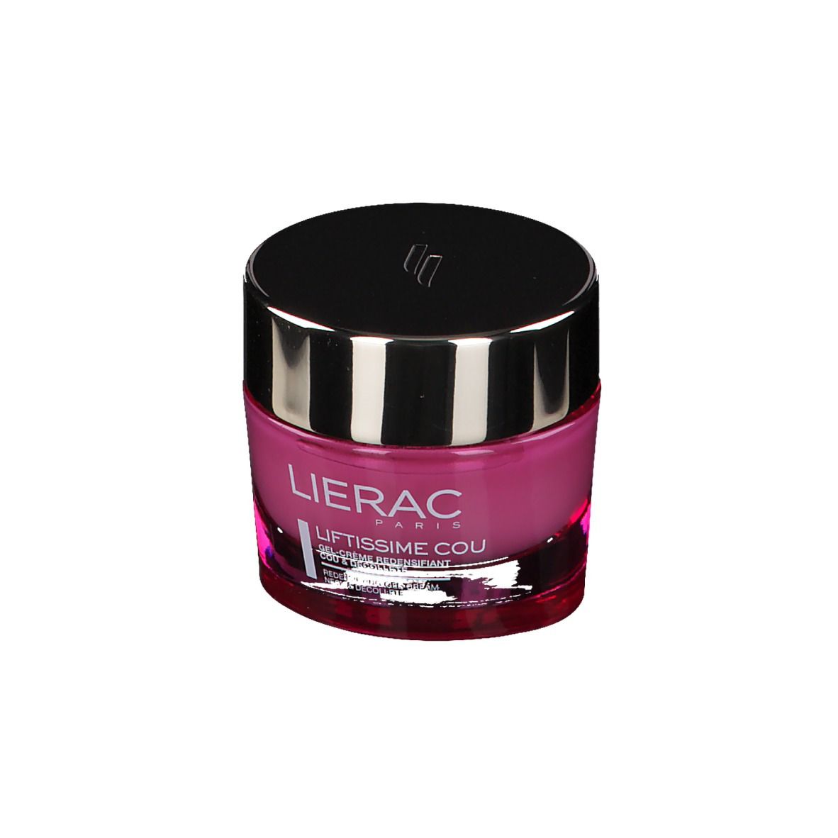 Crema rosa in vasetto rotondo con coperchio nero. Scritta LIERAC PARIS e LIFTISSIME COU.