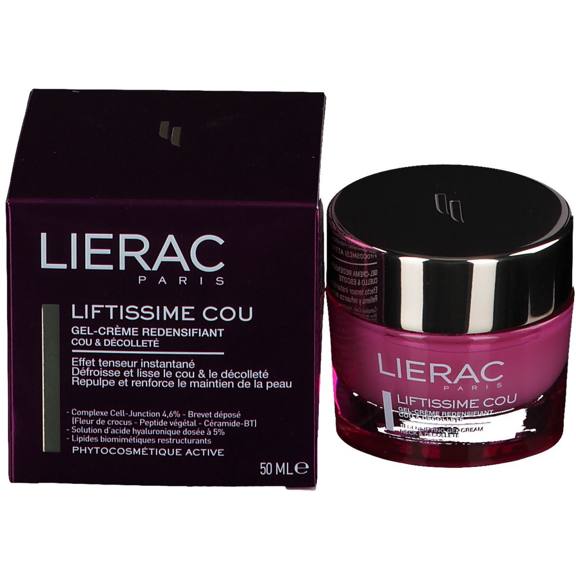 Prodotto e confezione. Crema rosa in vetro, coperchio nero. Scatola viola con testo.