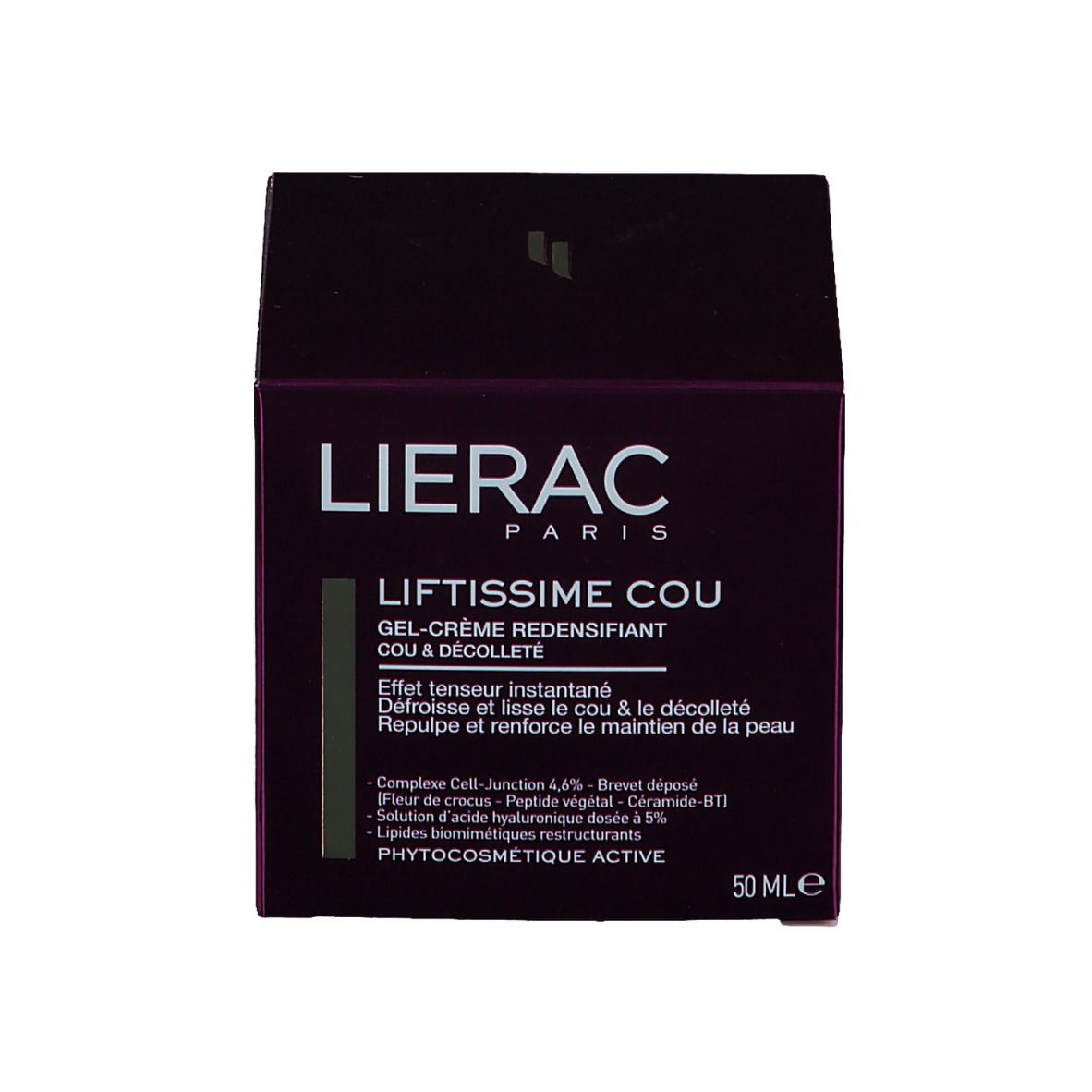 Scatola viola con testo. Nome prodotto: LIFTISSIME COU. Marchio: LIERAC PARIS.