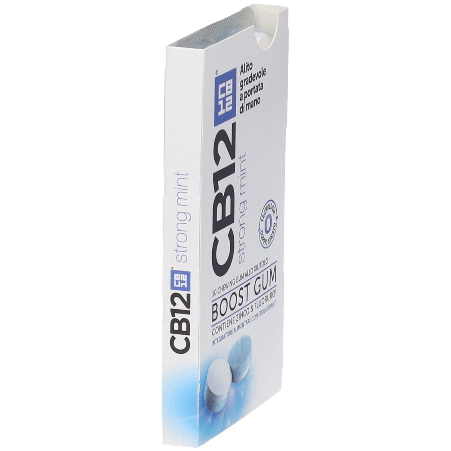 CB12 Boost Gum Strong Mint Kaugummi-Packung mit zwei Kaugummis.