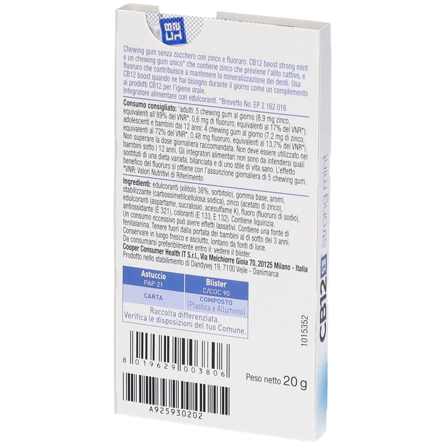 Rückseite einer CB12 Boost Gum Strong Mint Kaugummi-Packung mit Produktinformationen.