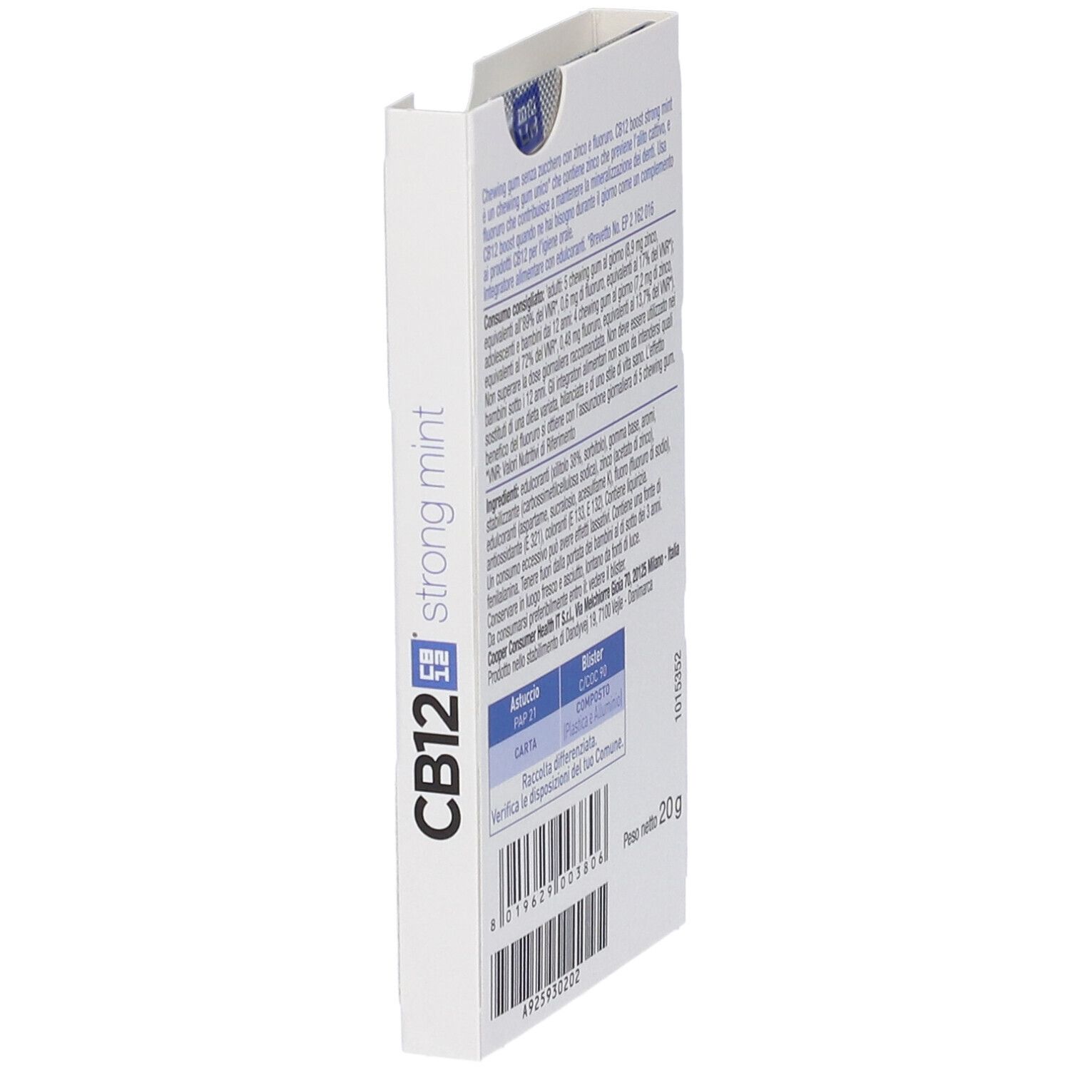 Weiße Schachtel mit CB12 Strong Mint Aufschrift und Produktinformationen.