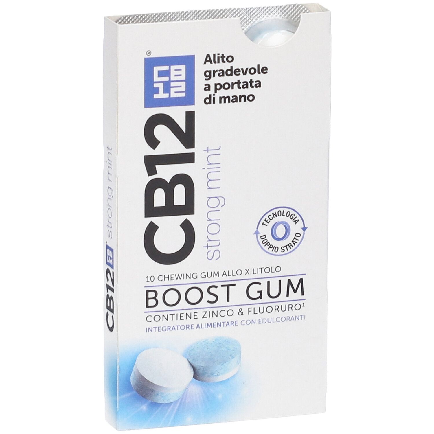 Verpackung mit 10 Kaugummis, CB12 Boost Gum, Strong Mint, mit Zink & Fluorid.