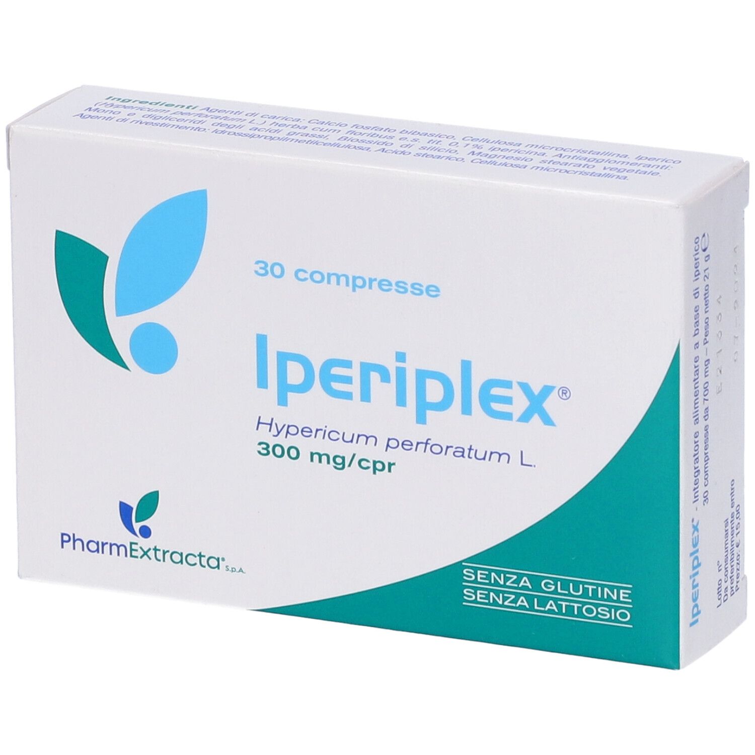 Scatola Iperiplex 30 compresse. Confezione bianca con logo blu e informazioni sul prodotto. Senza glutine e lattosio.