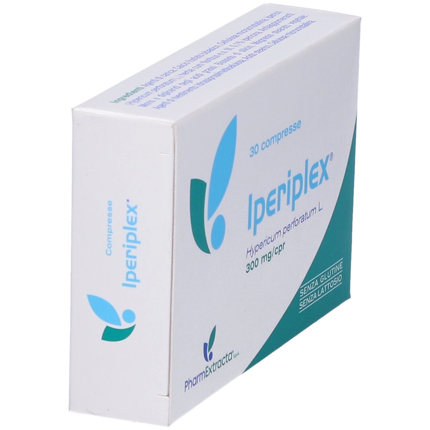 Scatola Iperiplex 30 compresse. Confezione bianca con logo blu e informazioni sul prodotto. Vista obliqua.