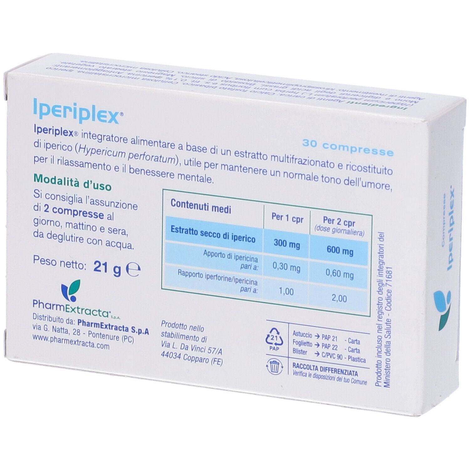 Retro della confezione di Iperiplex 30 compresse. Contiene informazioni sugli ingredienti e il dosaggio. Peso: 21g.