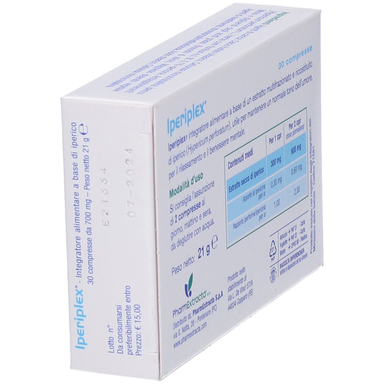 Retro della confezione di Iperiplex 30 compresse. Contiene informazioni sugli ingredienti e il dosaggio. Peso: 21g.