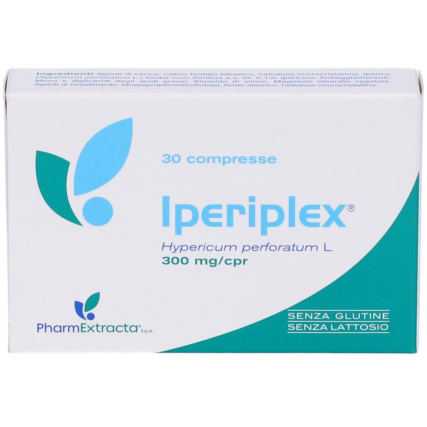 Scatola Iperiplex 30 compresse. Confezione bianca con logo blu e informazioni sul prodotto. Senza glutine e lattosio.