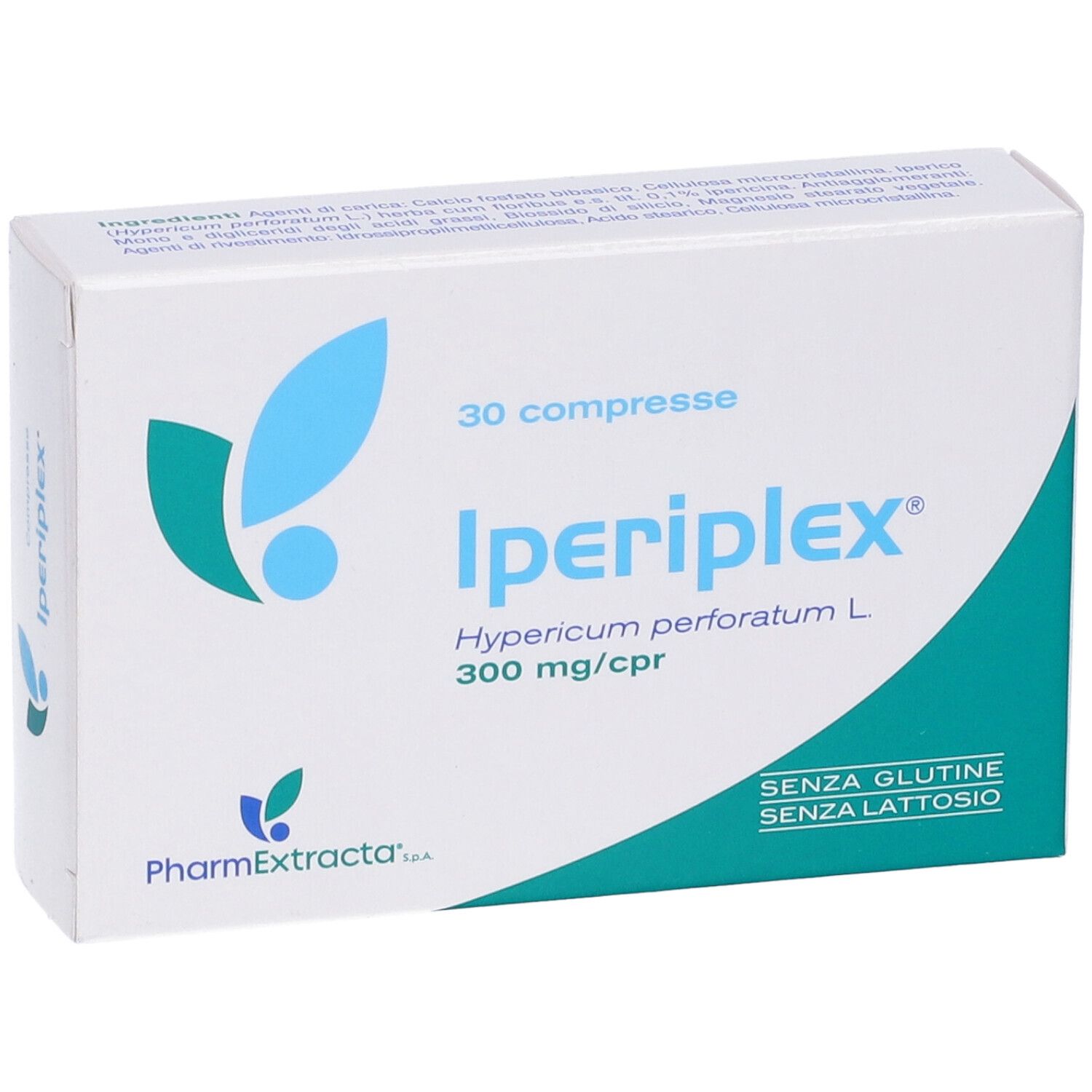 Scatola Iperiplex 30 compresse. Confezione bianca con logo blu e informazioni sul prodotto. Senza glutine e lattosio.