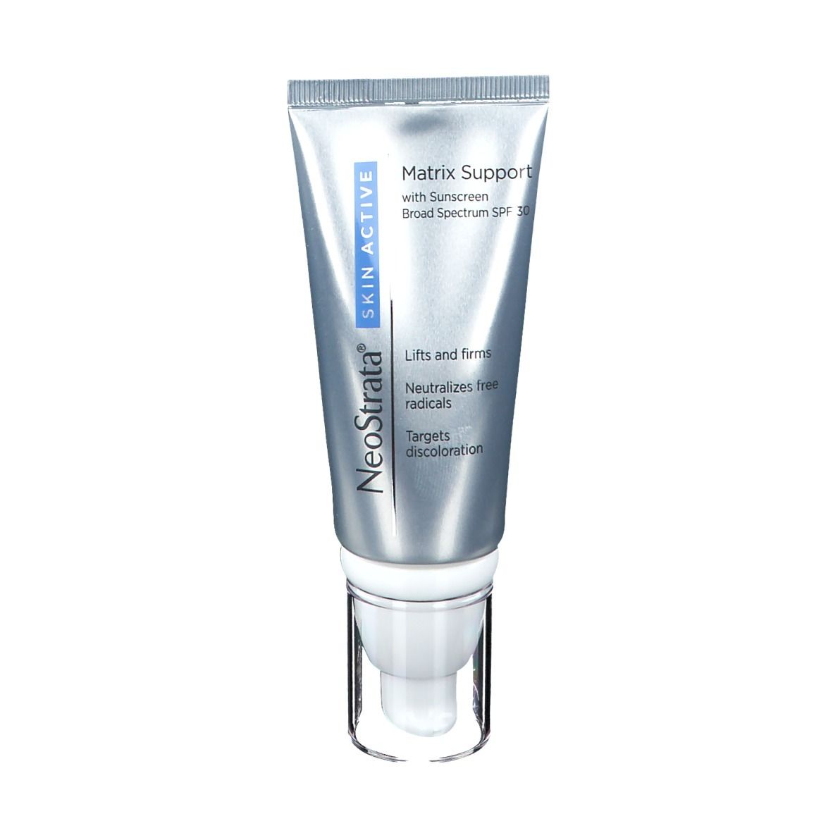 Tubo argento con pompetta bianca. Scritta: Matrix Support, Skin Active, SPF 30. Solleva e rassoda, neutralizza i radicali liberi.