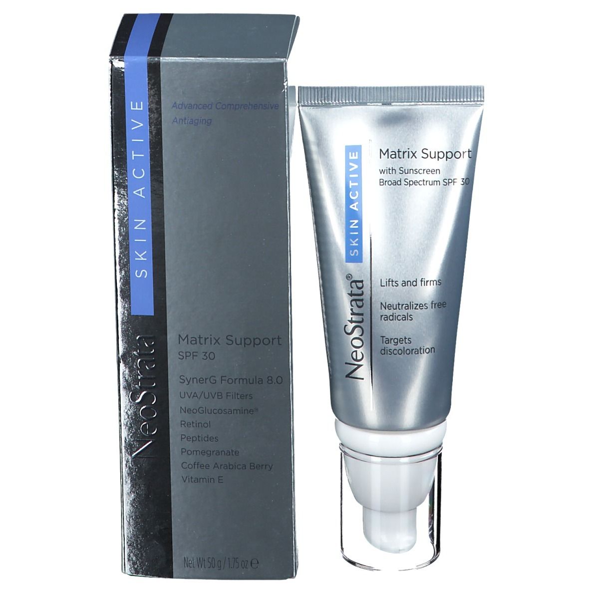 Confezione del prodotto con tubo e scatola. Tubo: Matrix Support, Skin Active, SPF 30. Scatola: Matrix Support, SynerG Formula B.G.