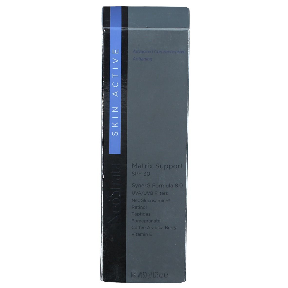 Scatola con informazioni sul prodotto. Scritta: Matrix Support SPF 30, SynerG Formula B.G. e Skin Active.