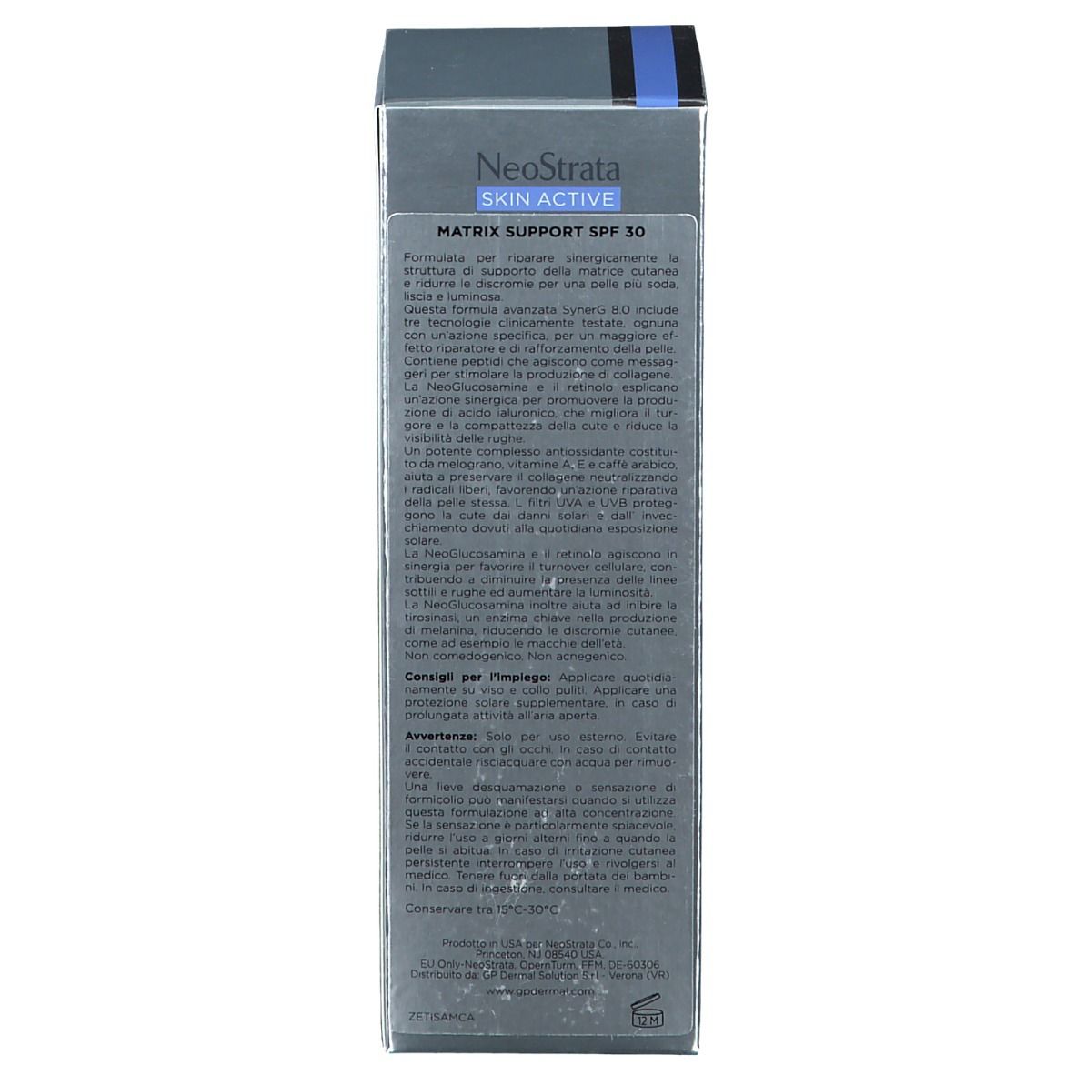 Scatola con informazioni sul prodotto. Testo: Matrix Support SPF 30, istruzioni per l'uso e avvertenze.