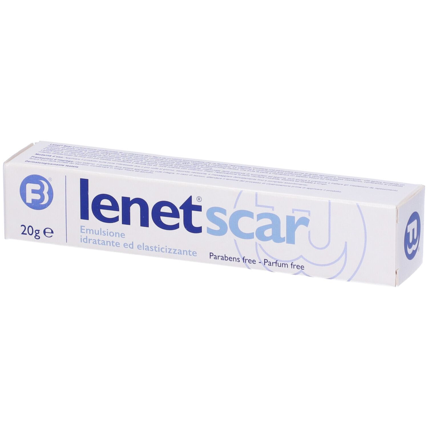 Scatola 'lenet scar' 20g. Emulsione idratante ed elasticizzante, senza parabeni e profumo.