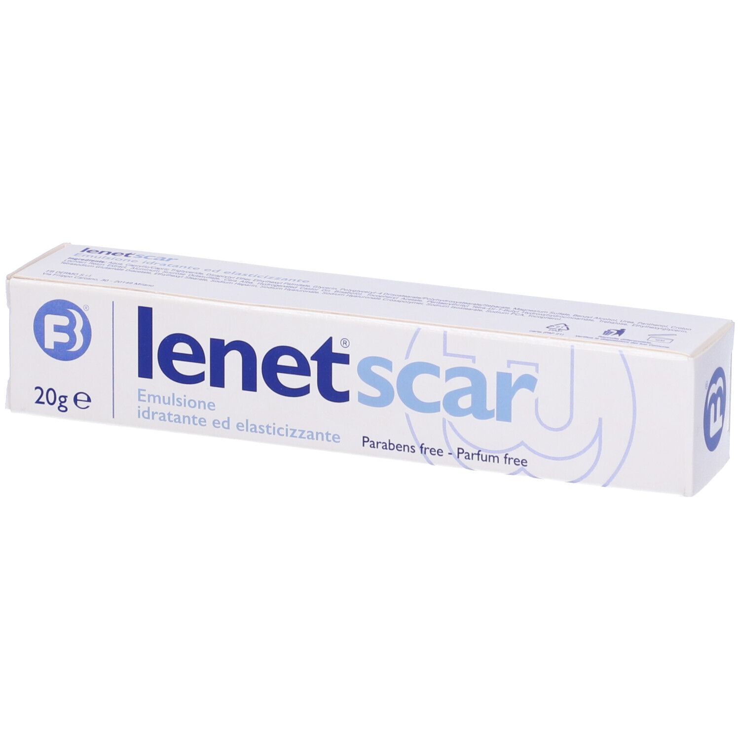 Scatola 'lenet scar' 20g. Emulsione senza parabeni e profumo. Vista prodotto.