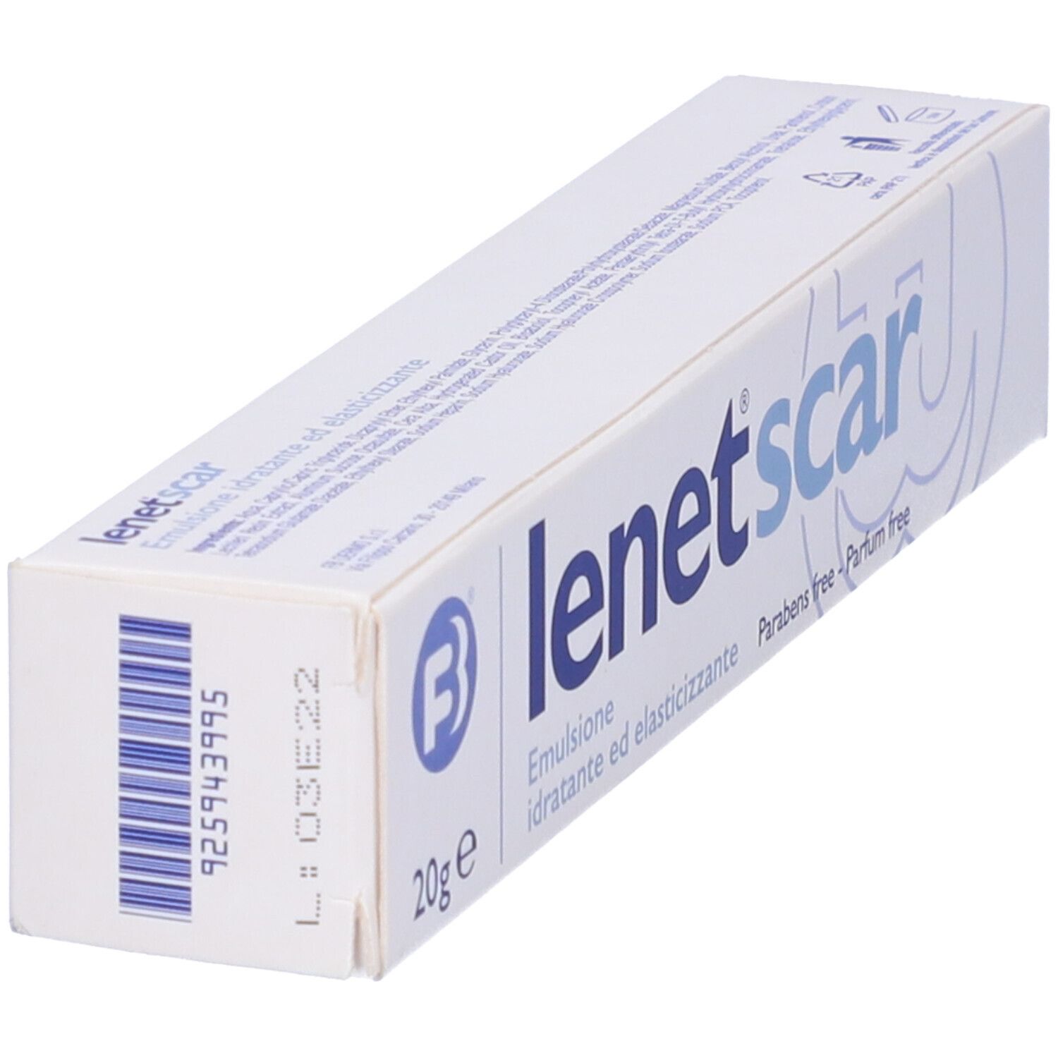 Scatola 'lenet scar' con codice a barre. 20g. Emulsione senza parabeni e profumo. Vista prodotto.