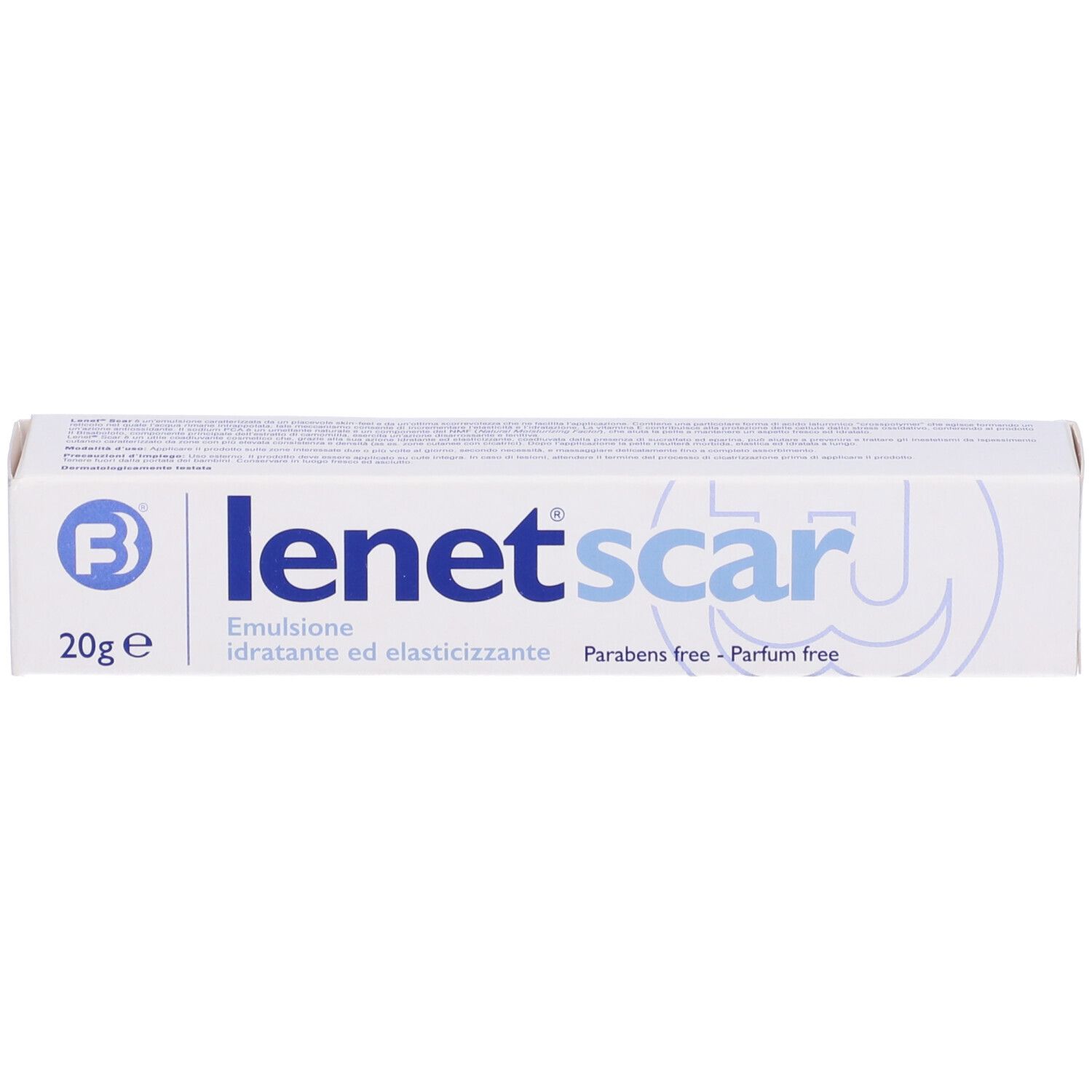 Scatola 'lenet scar' 20g. Emulsione senza parabeni e profumo. Vista prodotto.