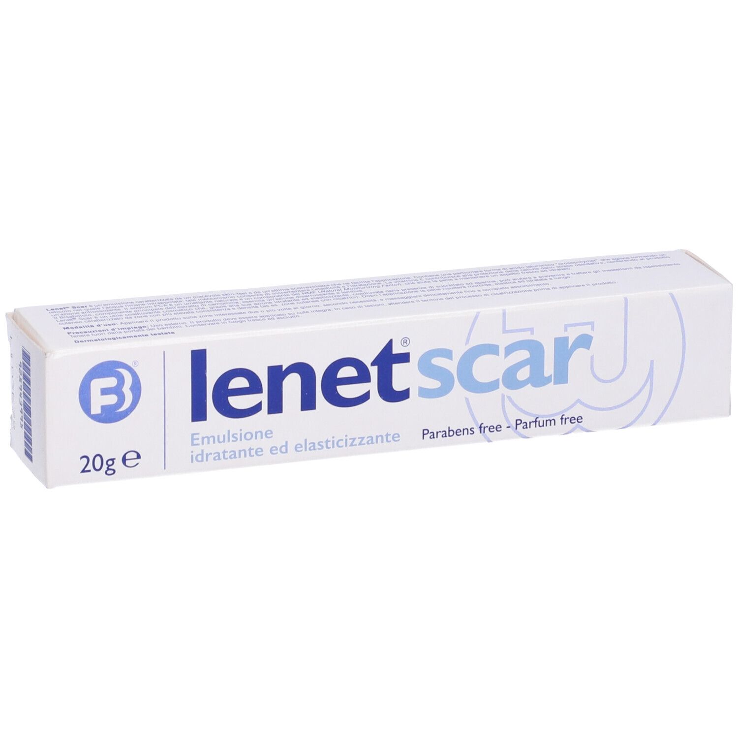 Scatola 'lenet scar' 20g. Emulsione senza parabeni e profumo. Vista prodotto.