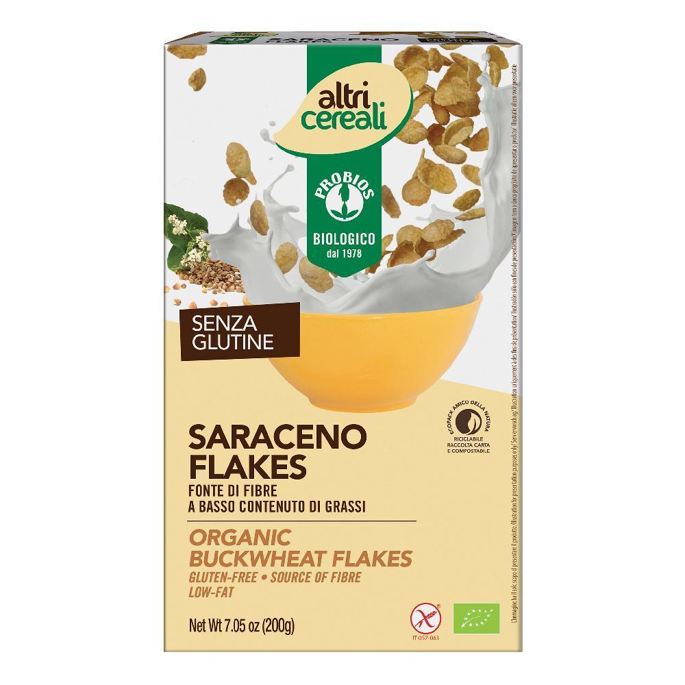 Confezione di Altricereali Saraceno Flakes Bio. Fiocchi di grano saraceno senza glutine. Contiene il marchio biologico.