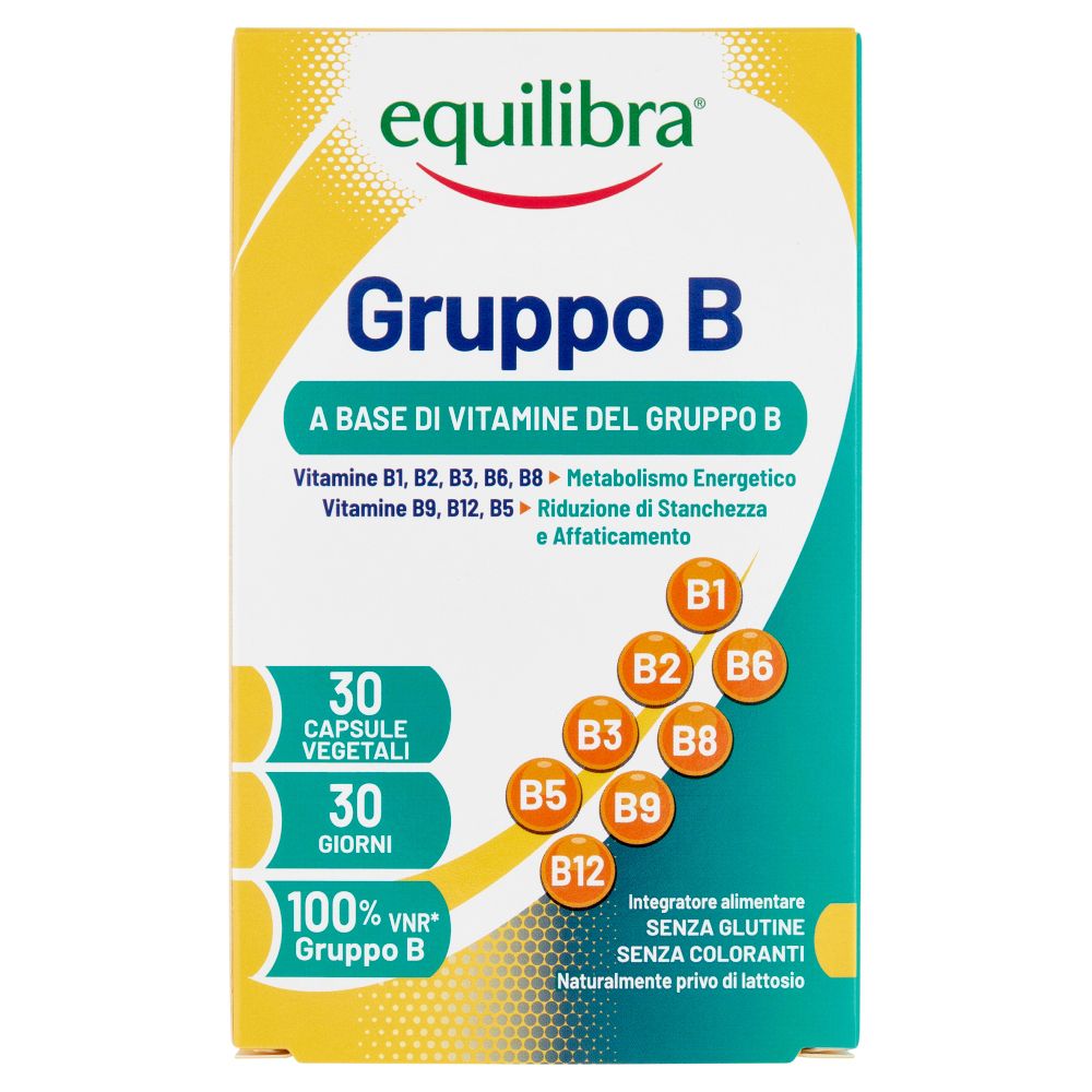 Verpackung von Equilibra® Gruppo B. Enthält 30 Kapseln. Enthält Vitamine B1, B2, B3, B6, B8, B9, B12.