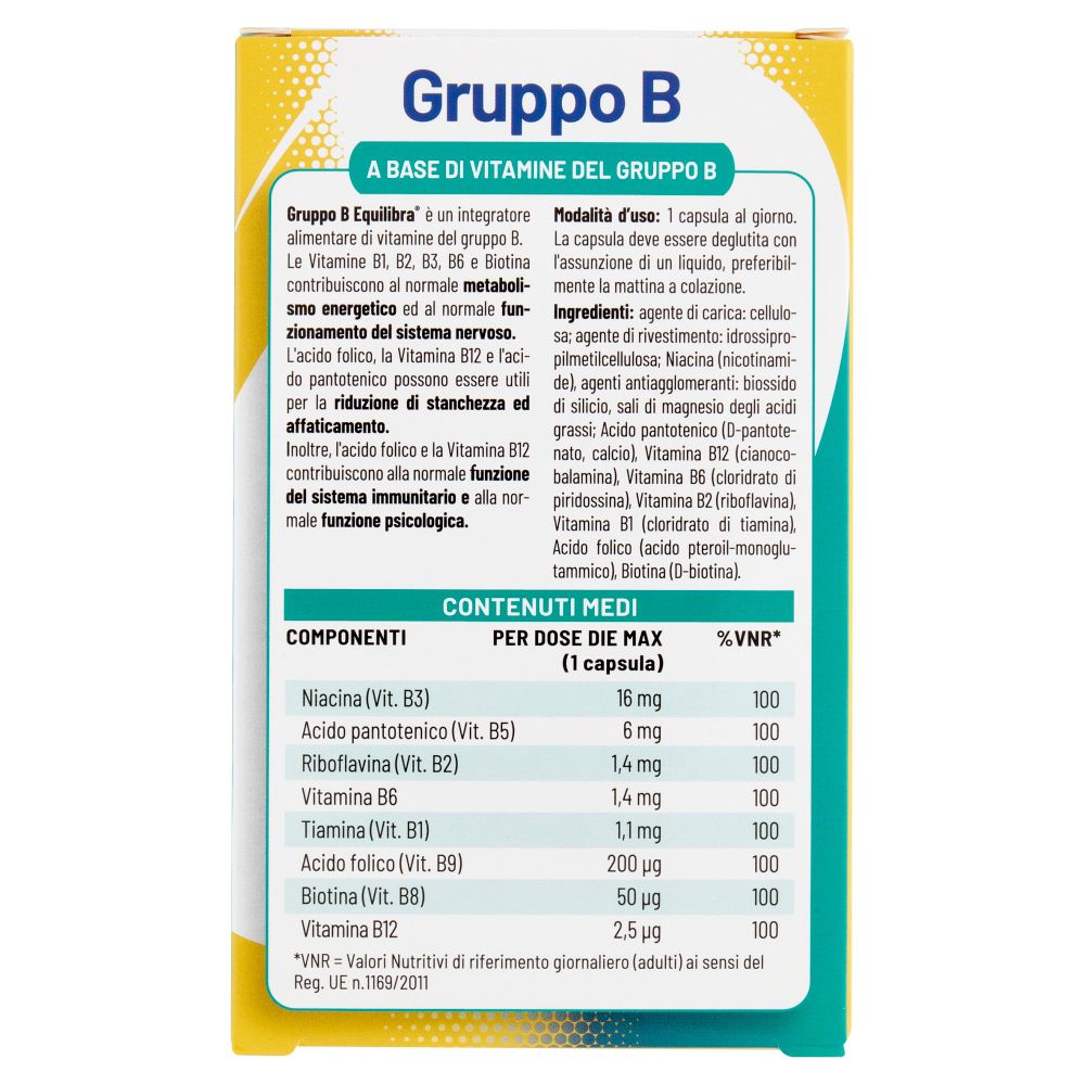 Rückseite der Verpackung von Equilibra® Gruppo B. Enthält Informationen zu Inhaltsstoffen und Nährwerten.