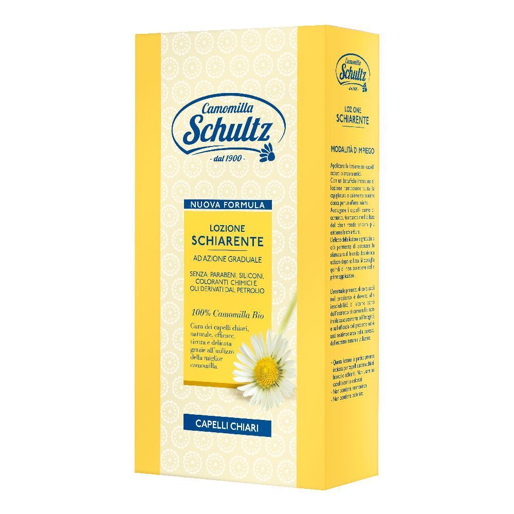 Scatola gialla con testo. Scritto: Camomilla Schultz, Lozione Schiarente, Capelli Chiari. Con fiore di camomilla.