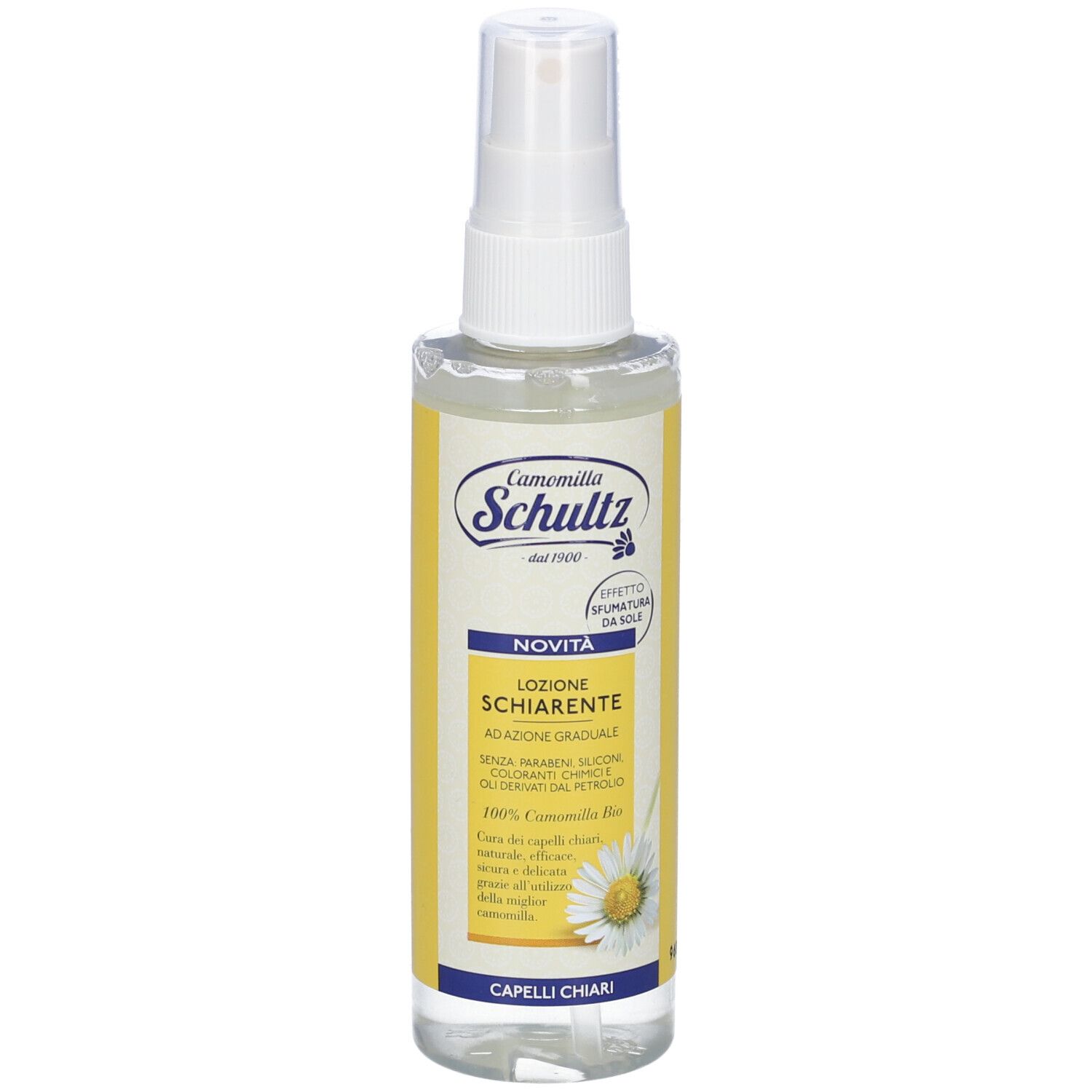 Flacone spray trasparente con erogatore bianco. Scritto: Camomilla Schultz, Lozione Schiarente, Capelli Chiari. Con fiore di camomilla.