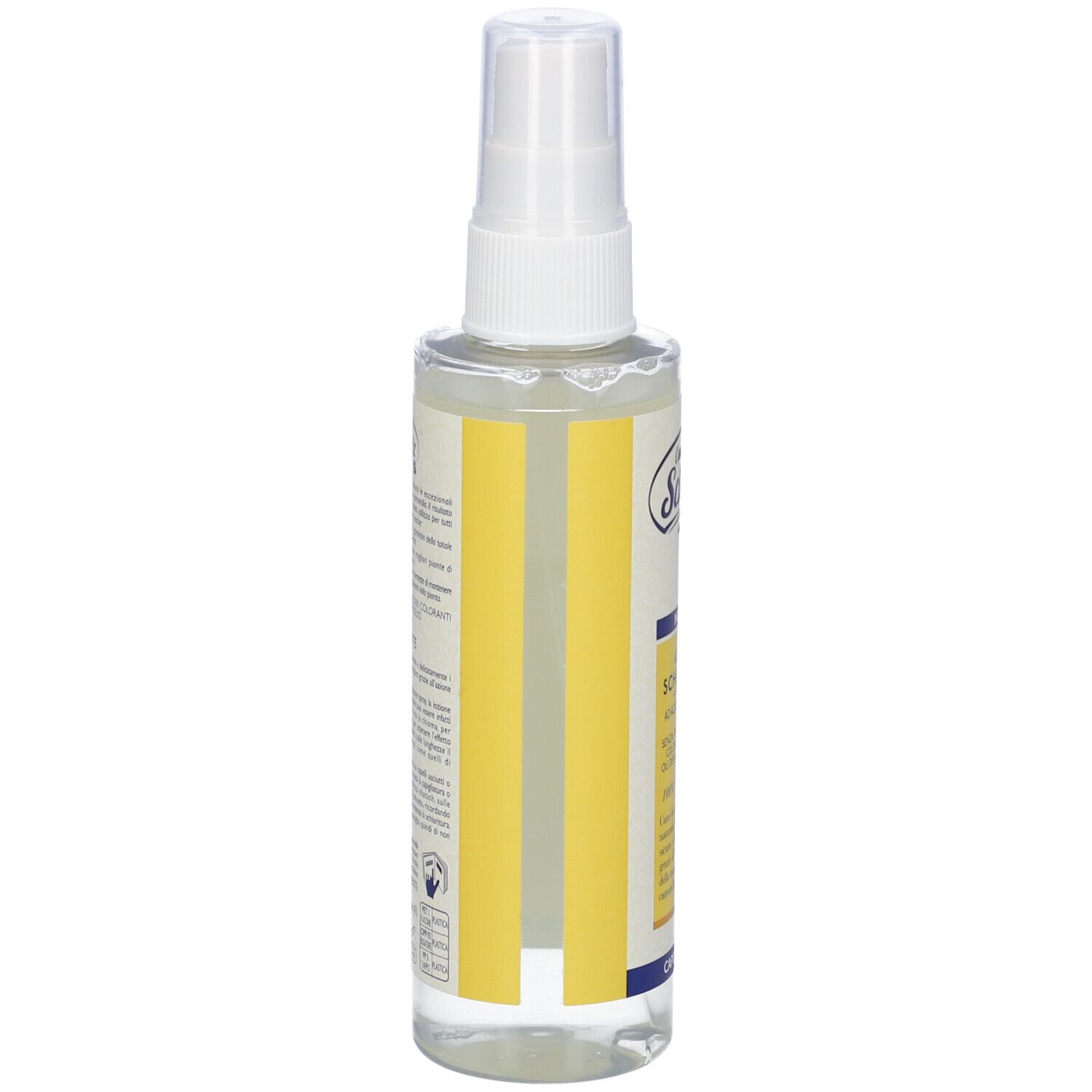 Flacone spray trasparente con erogatore bianco. Strisce gialle sul retro. Scritto: Camomilla Schultz, Lozione Schiarente.
