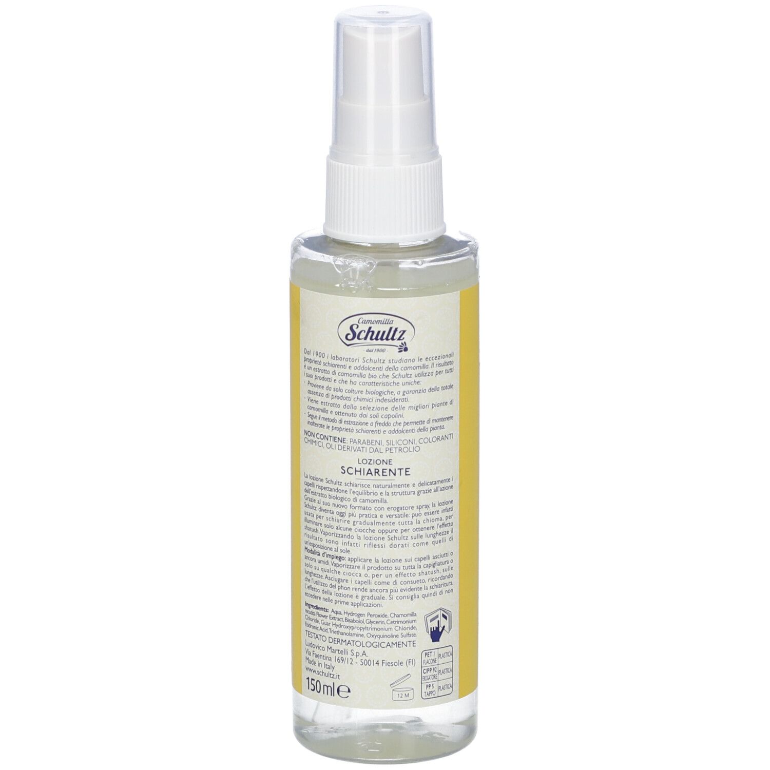 Flacone spray trasparente con erogatore bianco. Scritto: Camomilla Schultz, Lozione Schiarente, Capelli Chiari. 150ml.