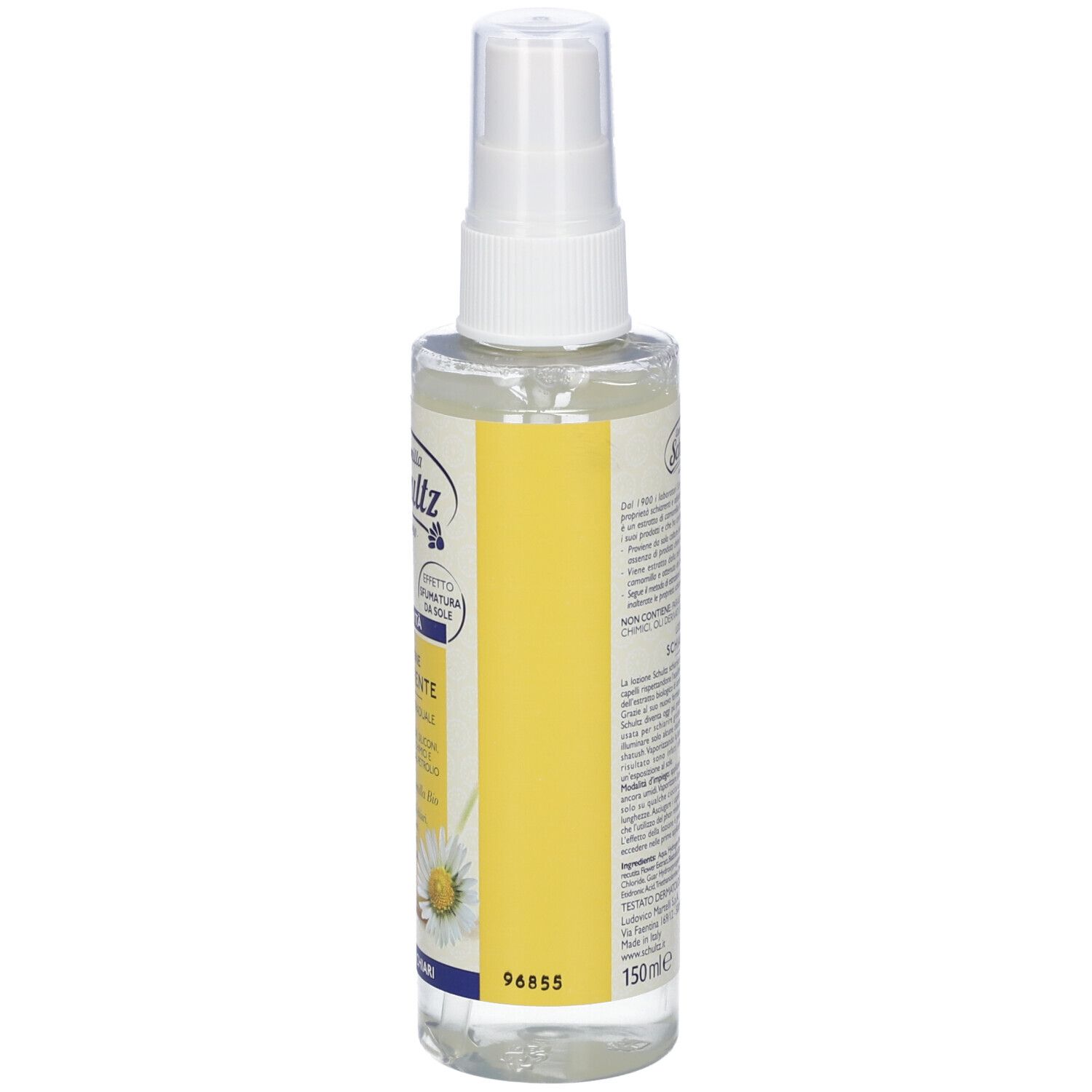 Flacone spray trasparente con erogatore bianco. Scritto: Camomilla Schultz, Lozione Schiarente, Capelli Chiari. 150ml.