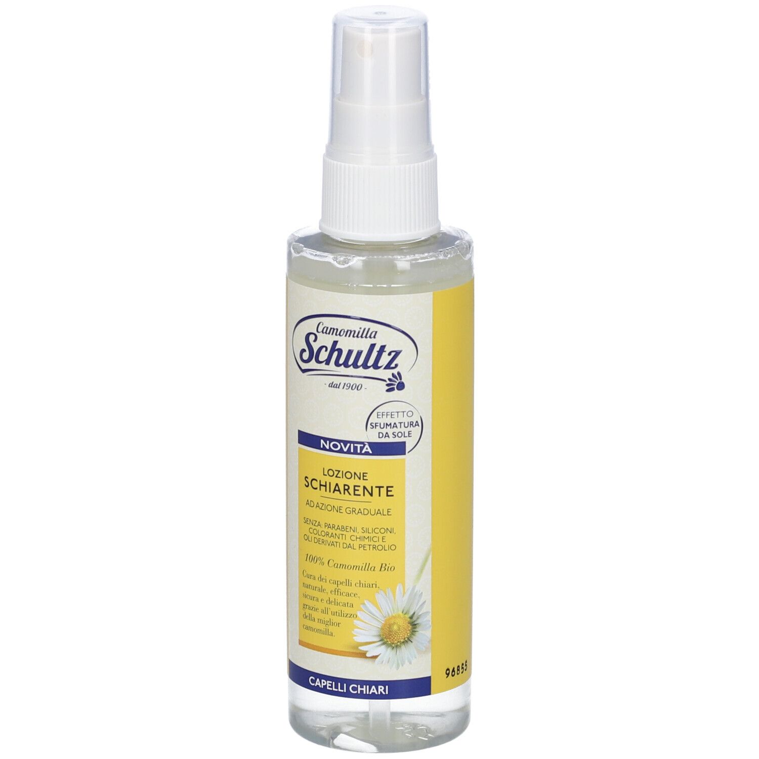 Flacone spray trasparente con erogatore bianco. Scritto: Camomilla Schultz, Lozione Schiarente, Capelli Chiari. 150ml.