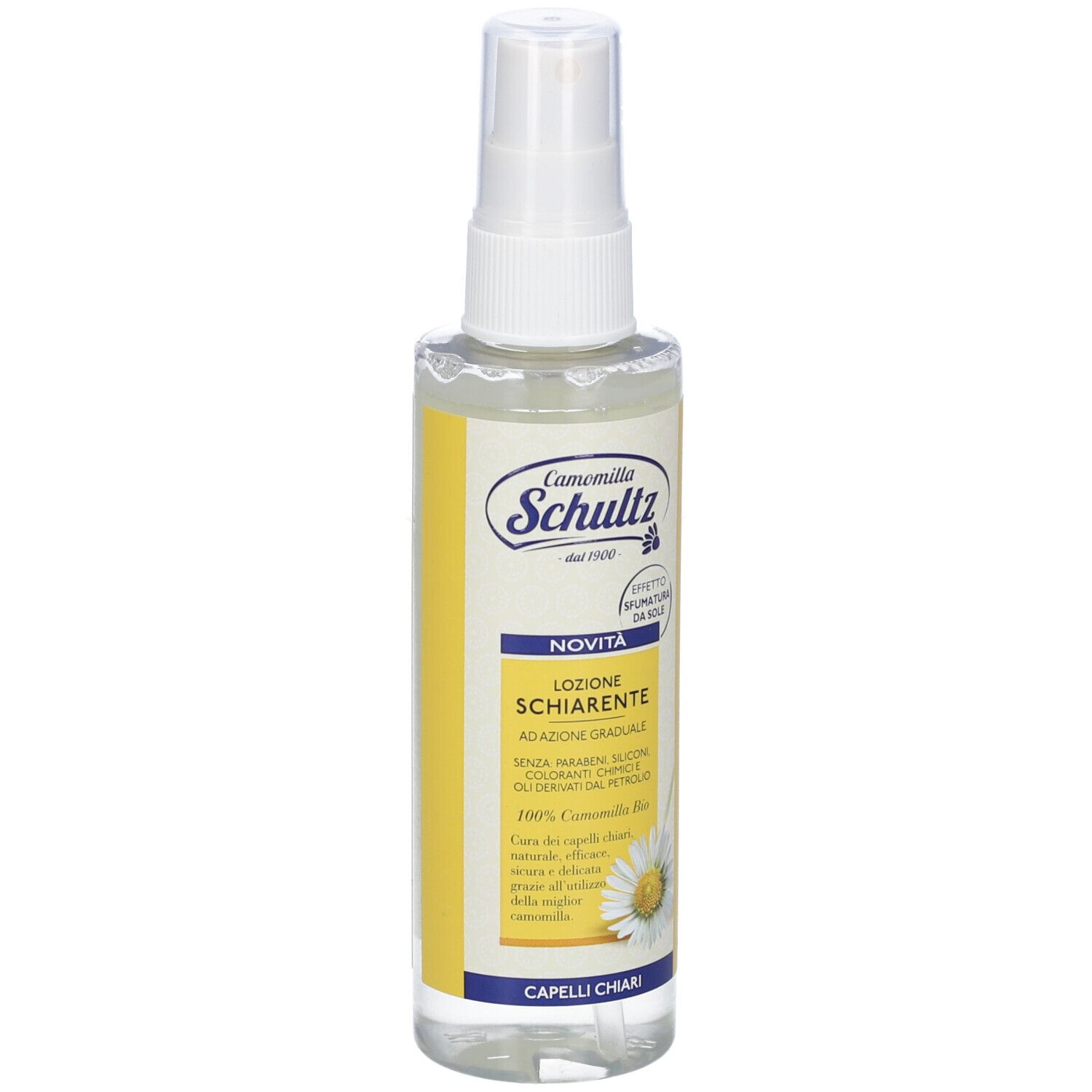Flacone spray trasparente con erogatore bianco. Scritto: Camomilla Schultz, Lozione Schiarente, Capelli Chiari. 150ml.