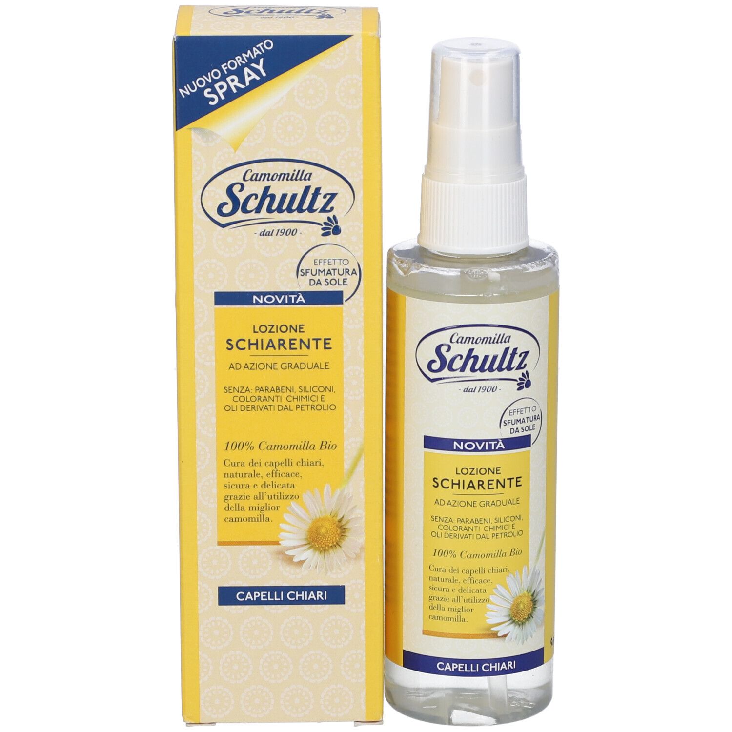 Prodotto e confezione. Flacone spray trasparente e scatola gialla. Scritto: Camomilla Schultz, Lozione Schiarente, Capelli Chiari.