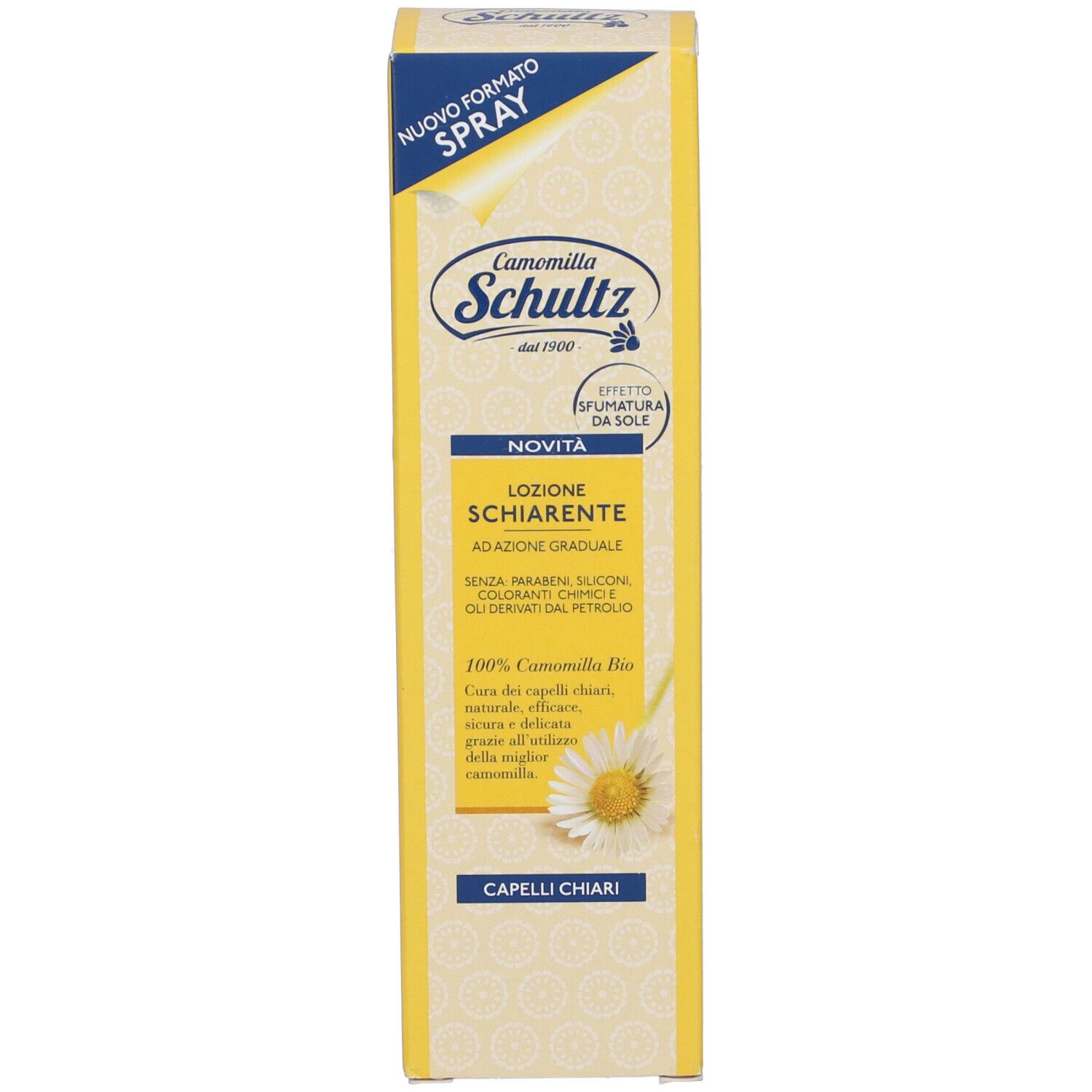 Prodotto e confezione. Flacone spray trasparente e scatola gialla. Scritto: Camomilla Schultz, Lozione Schiarente, Capelli Chiari.