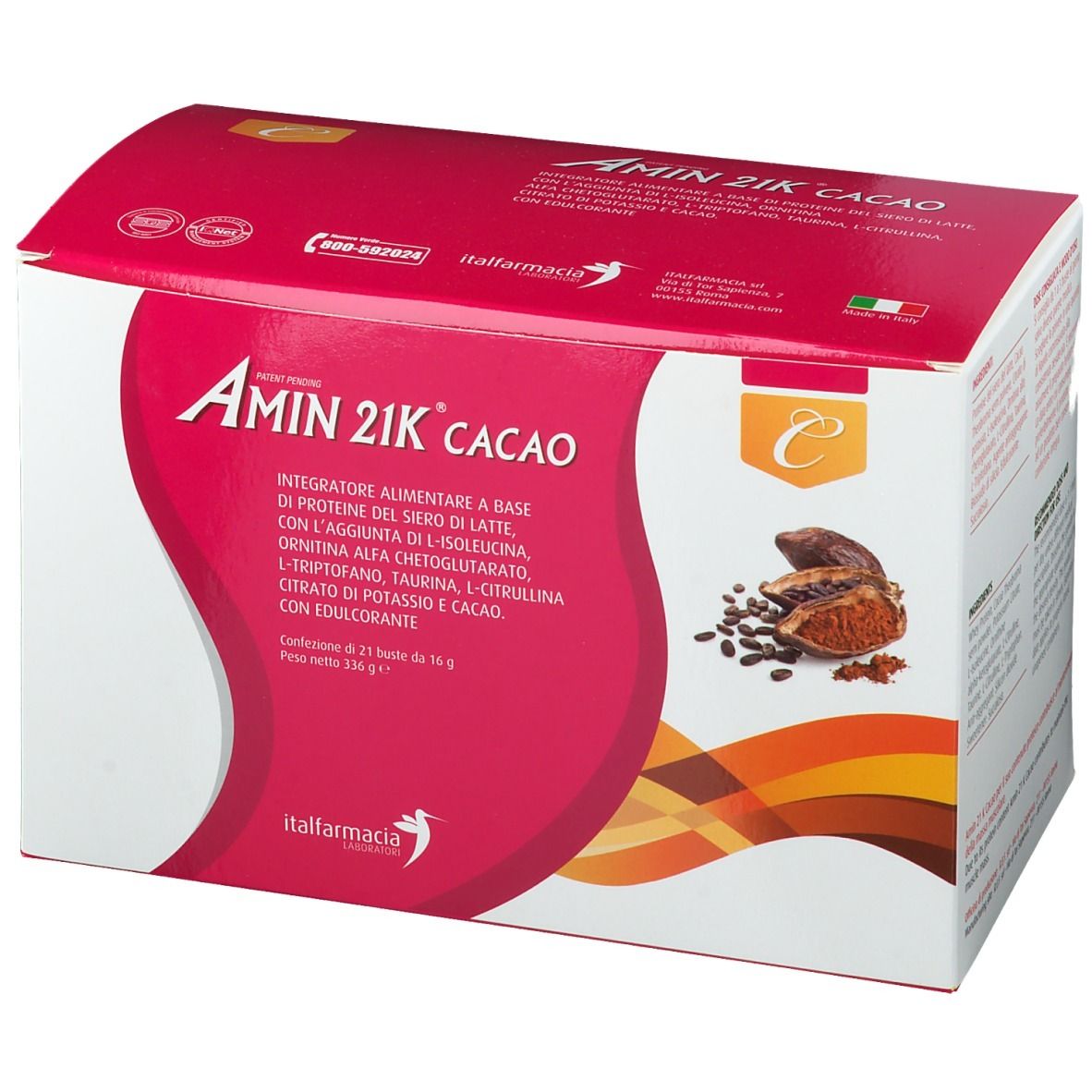 Scatola rossa e bianca con logo "Amin 21K Cacao". Testo: "Integratore alimentare". Illustrazione di fave di cacao.