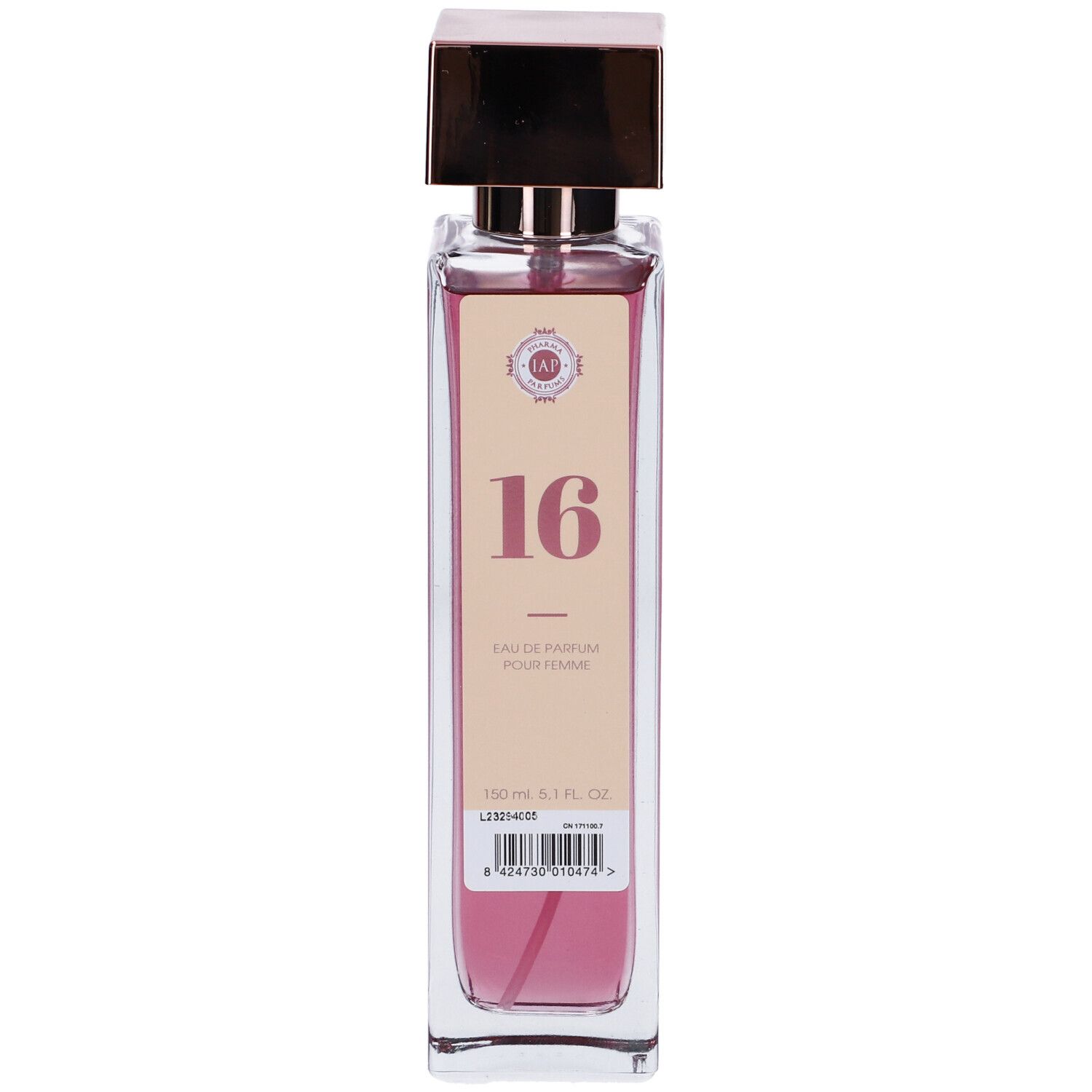 Rechteckiger Flakon mit rosafarbenem Inhalt und kupferfarbenem Verschluss. Etikett mit Text "16".