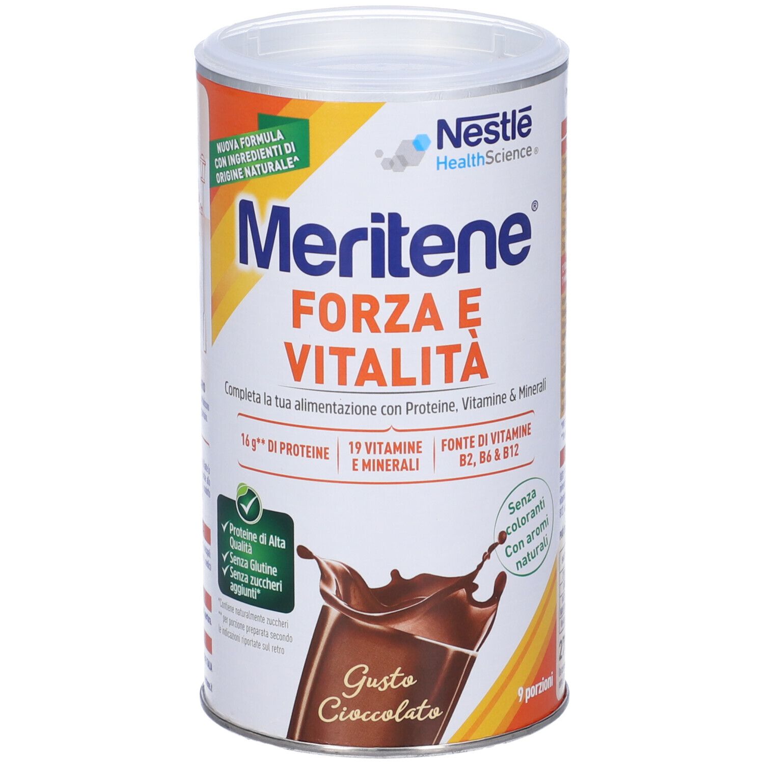 Barattolo Meritene Gusto Cioccolato. Scritta Forza & Vitalità, 16g proteine, 19 vitamine, fonte di vitamine B2, B6 & B12. Nestle HealthScience. 9 porzioni.