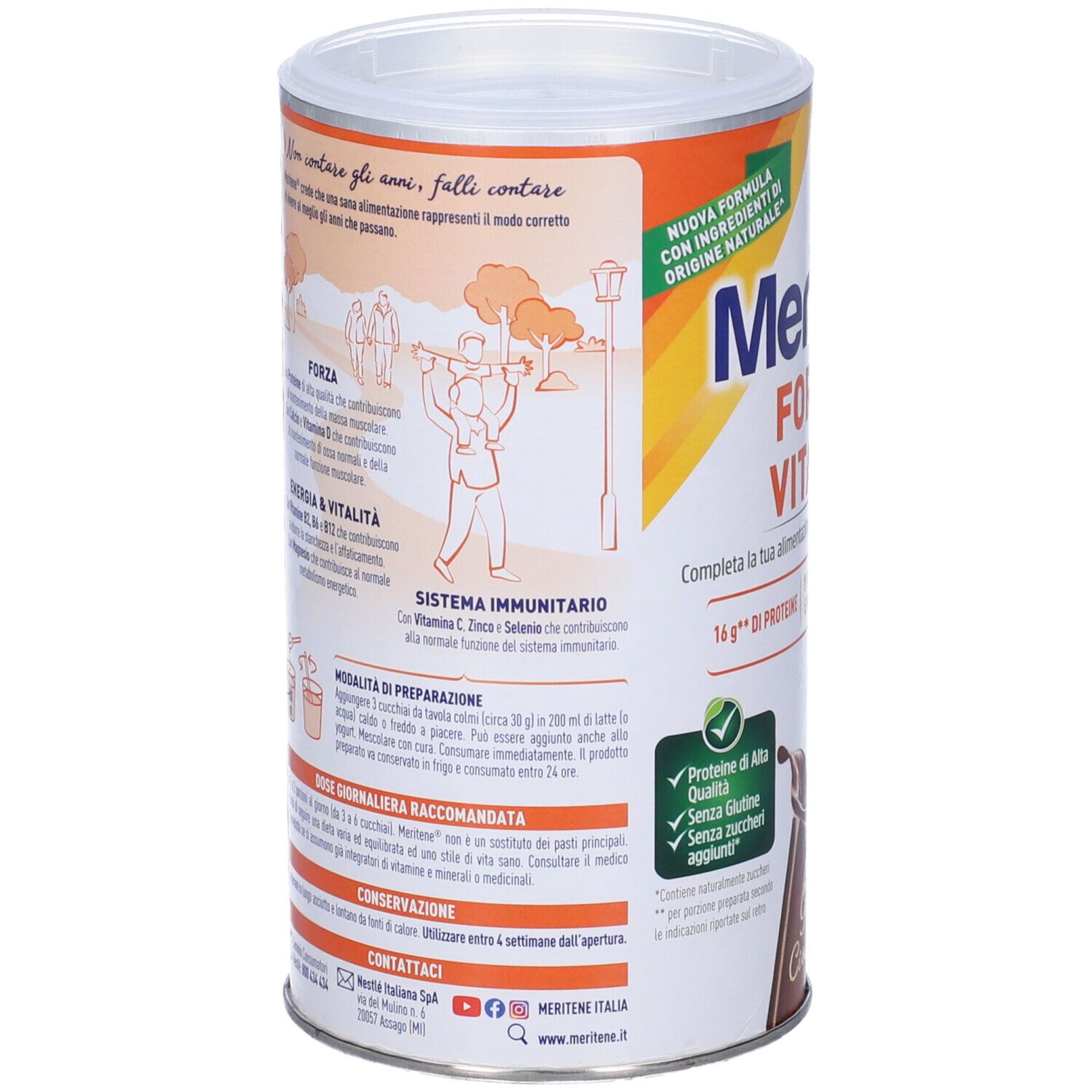 Retro del barattolo Meritene Gusto Cioccolato. Testo sui benefici del prodotto, istruzioni per la preparazione, informazioni nutrizionali e contatti.