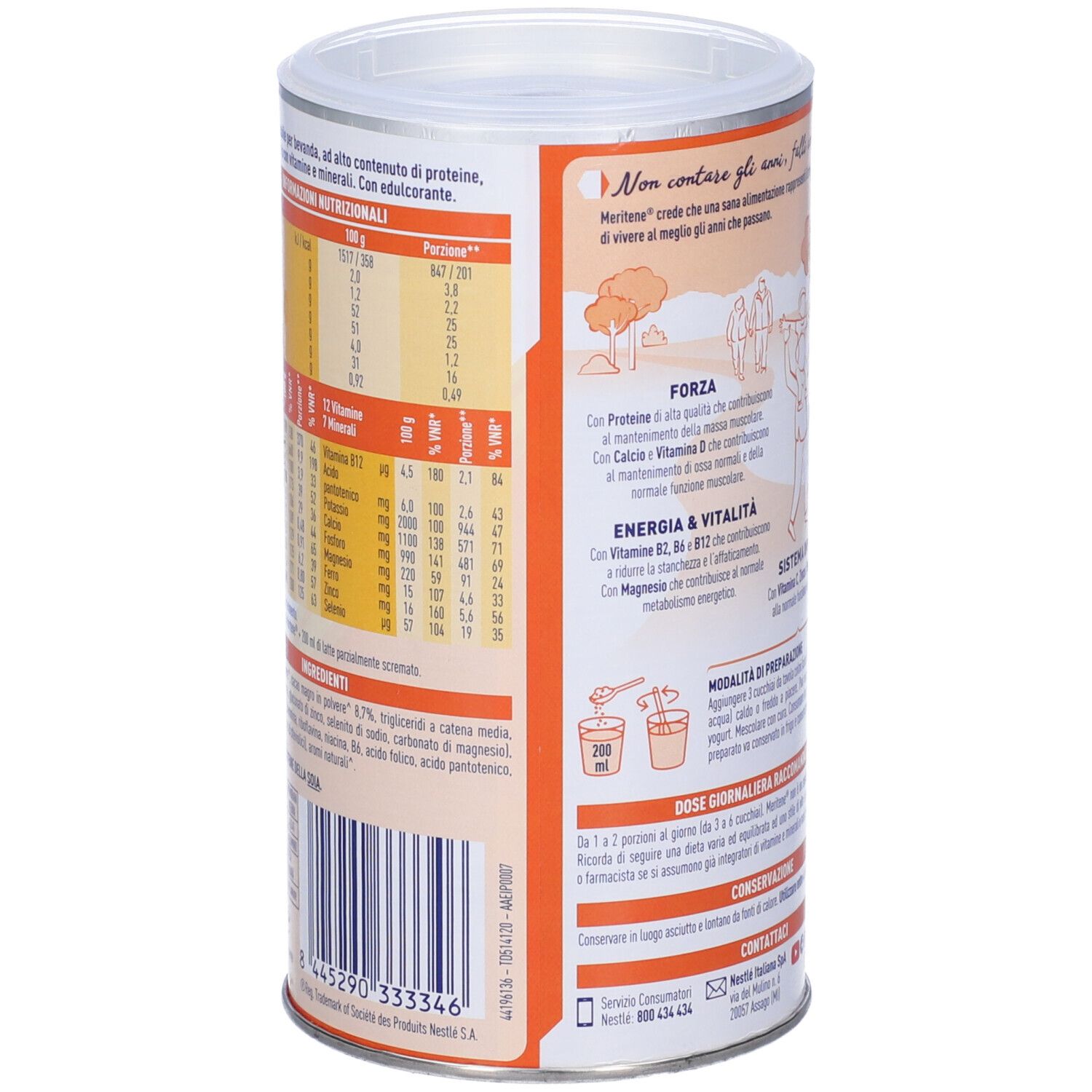 Retro del barattolo Meritene Gusto Cioccolato. Informazioni nutrizionali, elenco ingredienti, istruzioni per la preparazione e contatti.