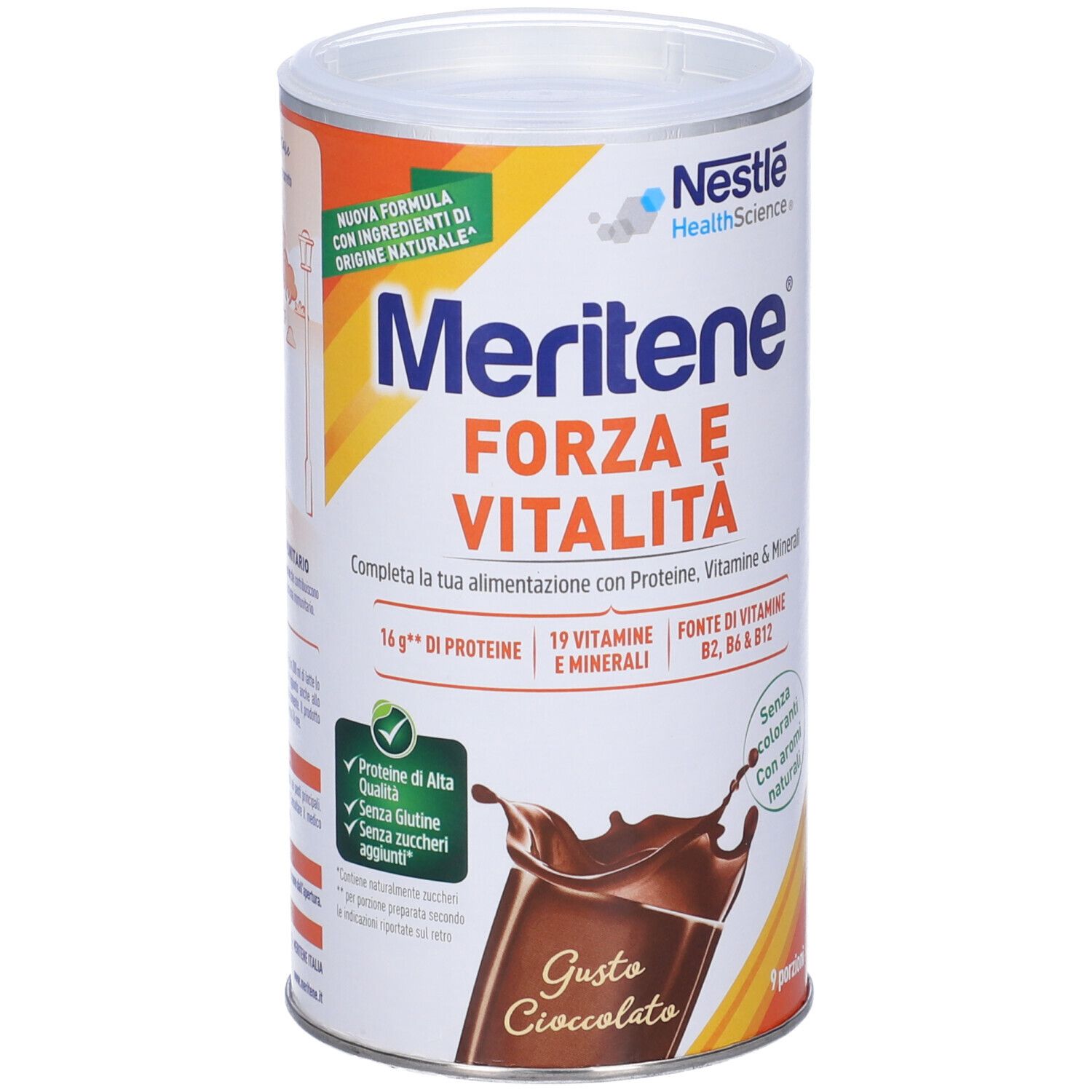 Barattolo Meritene Gusto Cioccolato. Scritta Forza & Vitalità, 16g proteine, 19 vitamine, fonte di vitamine B2, B6 & B12. Nestle HealthScience. 9 porzioni.