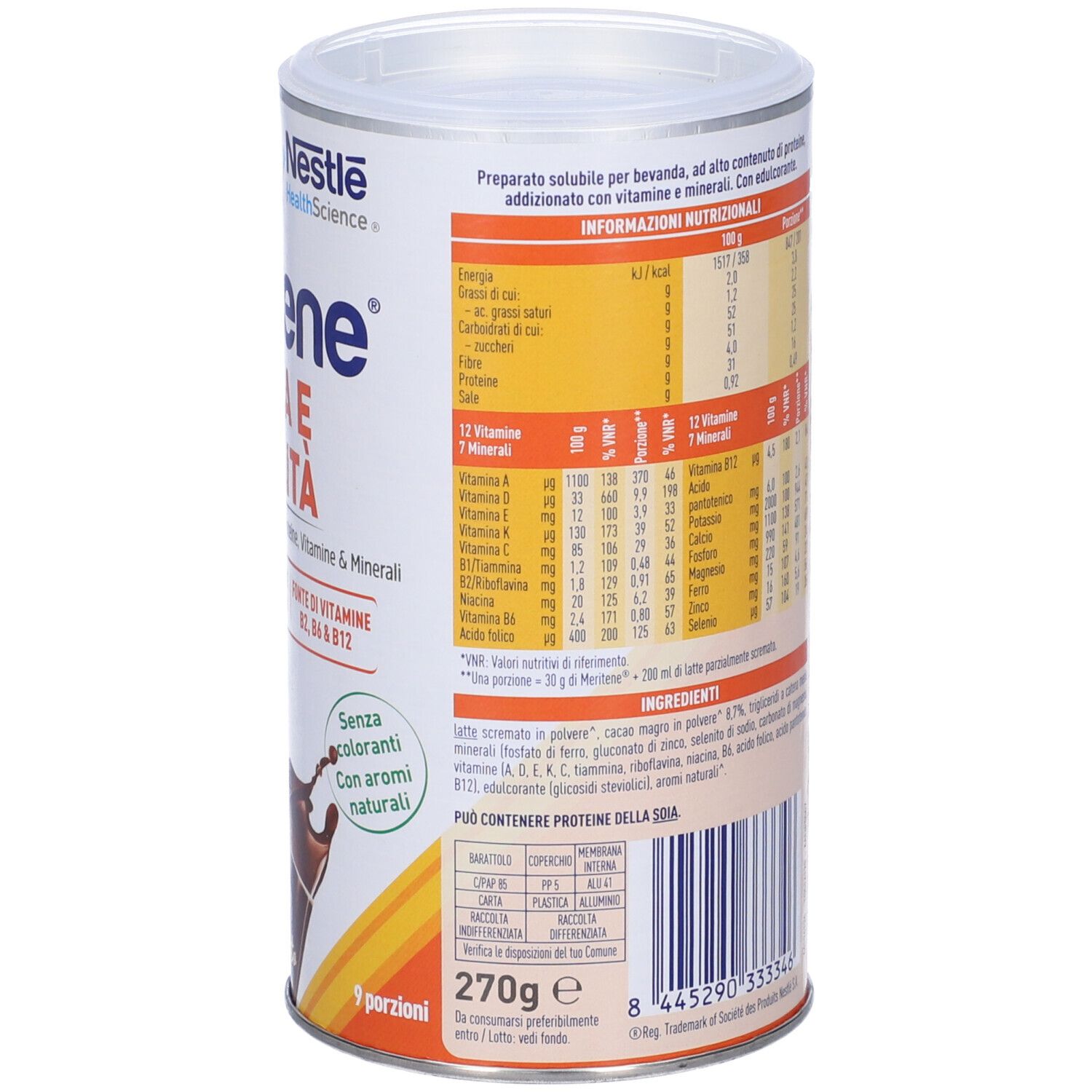 Retro del barattolo Meritene Gusto Cioccolato. Informazioni nutrizionali, elenco ingredienti, istruzioni per la preparazione e contatti. 270g.