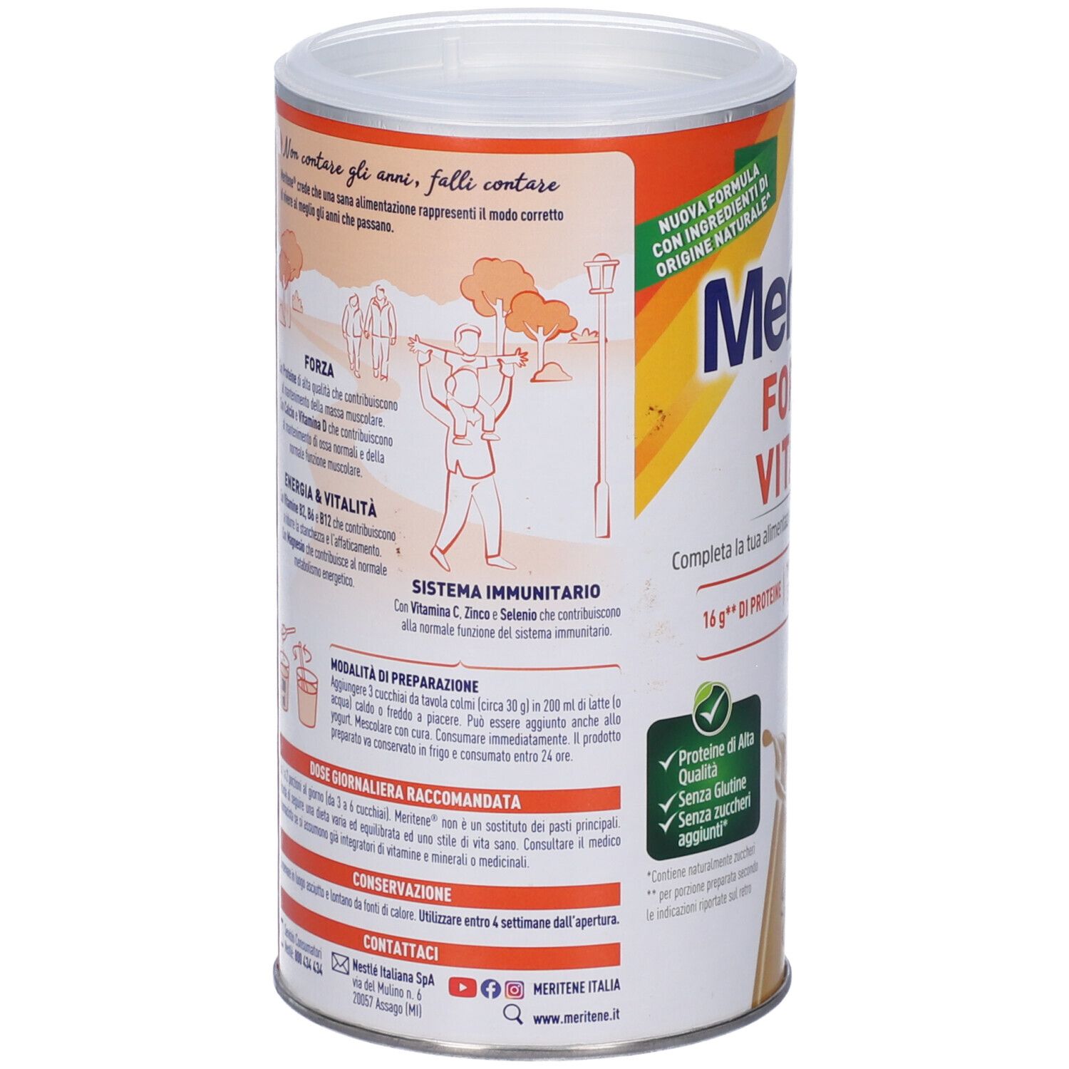 Retro del barattolo "Meritene Forza e Vitalità". Testo su sistema immunitario, preparazione e ingredienti. Marchio Nestlé HealthScience.