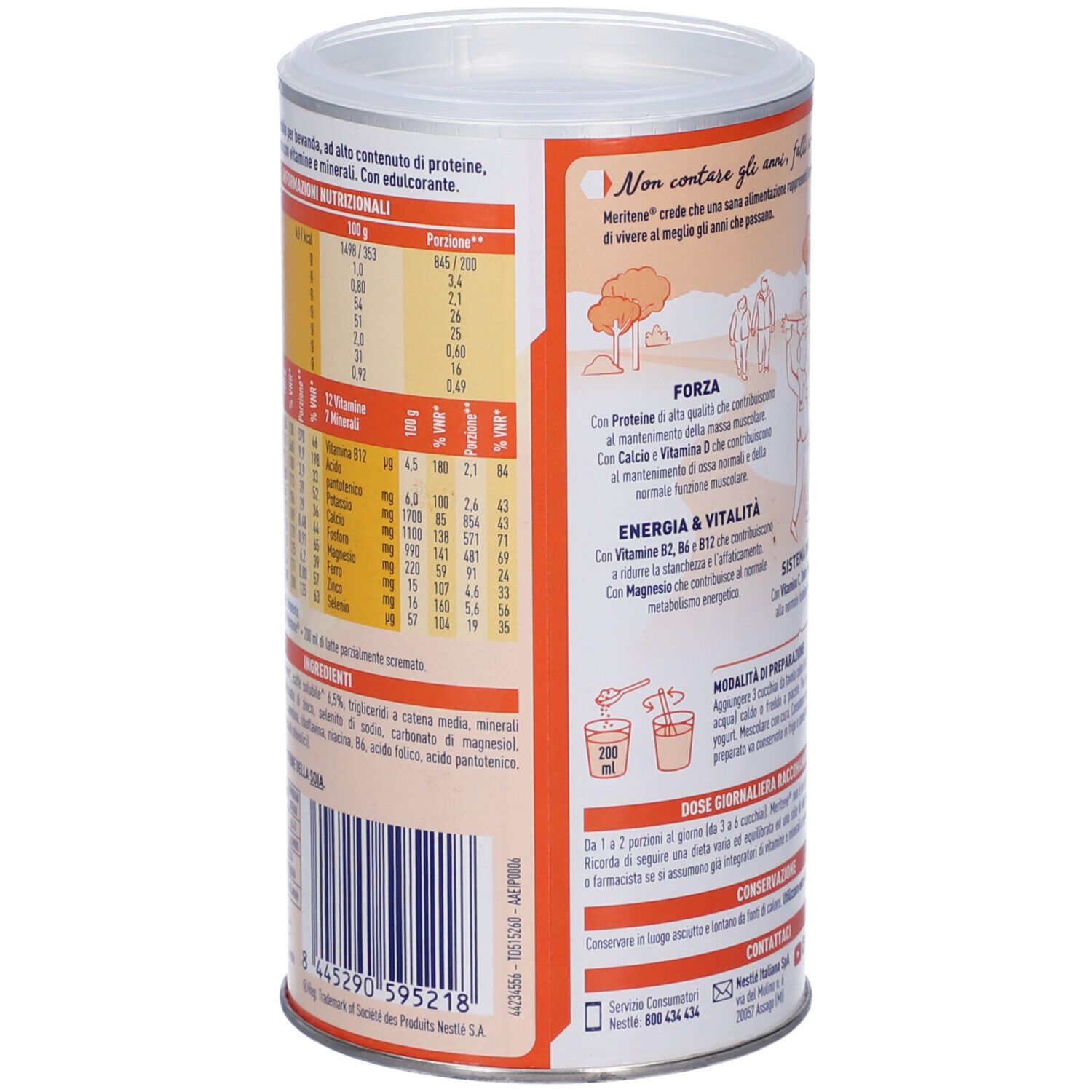 Retro del barattolo "Meritene Forza e Vitalità". Informazioni nutrizionali e lista ingredienti. Marchio Nestlé HealthScience.