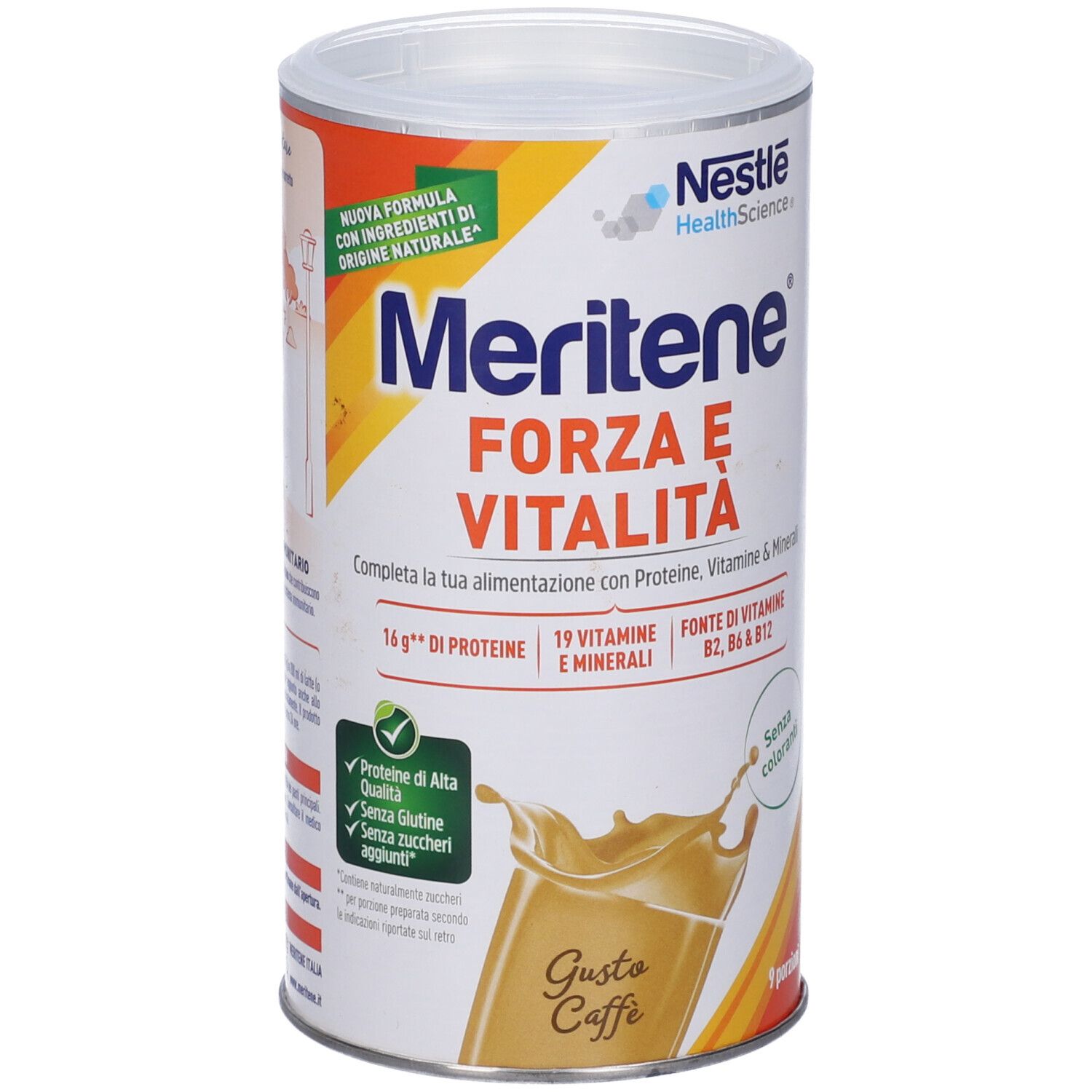 Barattolo cilindrico "Meritene Forza e Vitalità Gusto Caffè". Contiene proteine, vitamine e minerali. Marchio Nestlé HealthScience.
