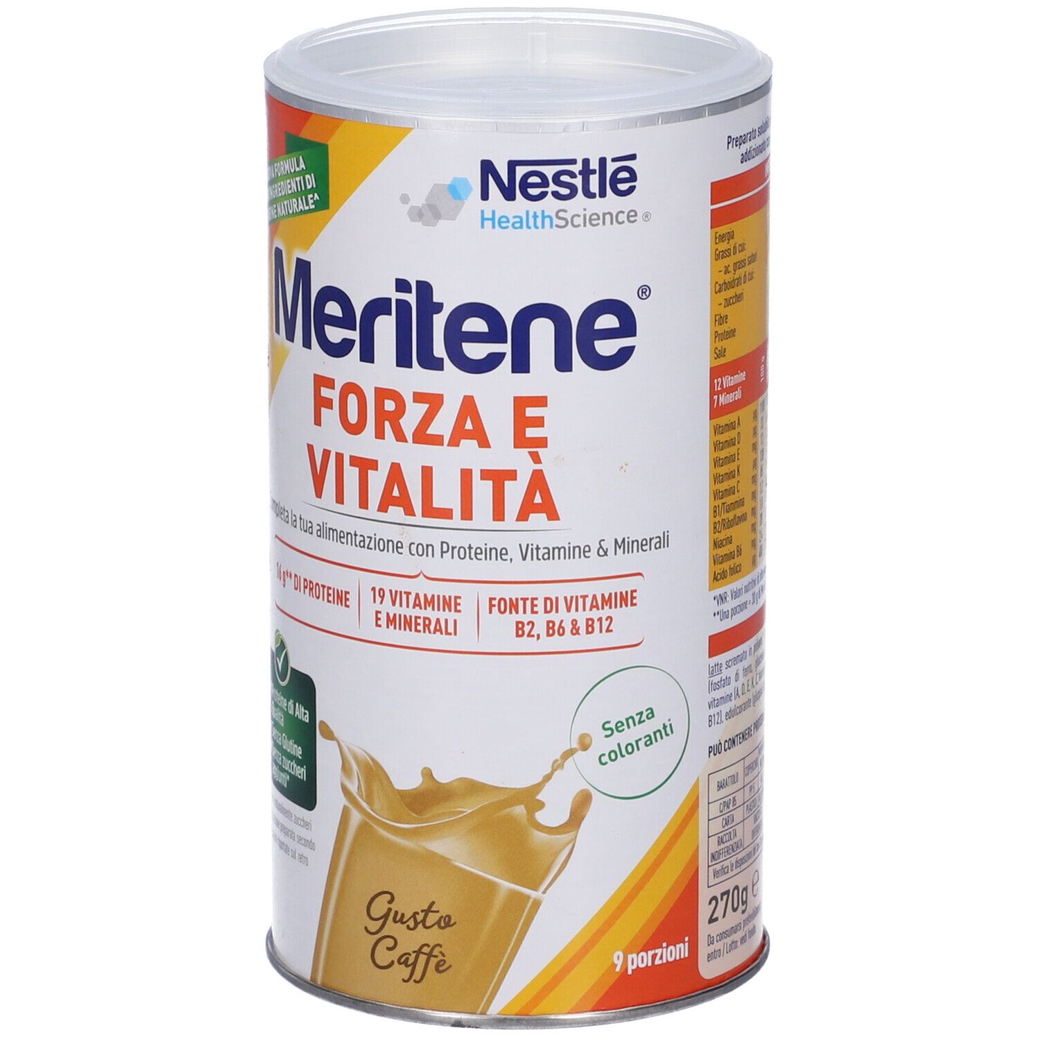 Barattolo cilindrico "Meritene Forza e Vitalità Gusto Caffè". Contiene proteine, vitamine e minerali. Marchio Nestlé HealthScience.
