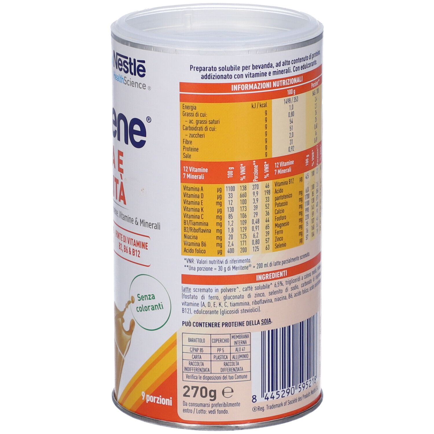 Retro del barattolo "Meritene Forza e Vitalità". Informazioni nutrizionali e lista ingredienti. Marchio Nestlé HealthScience.