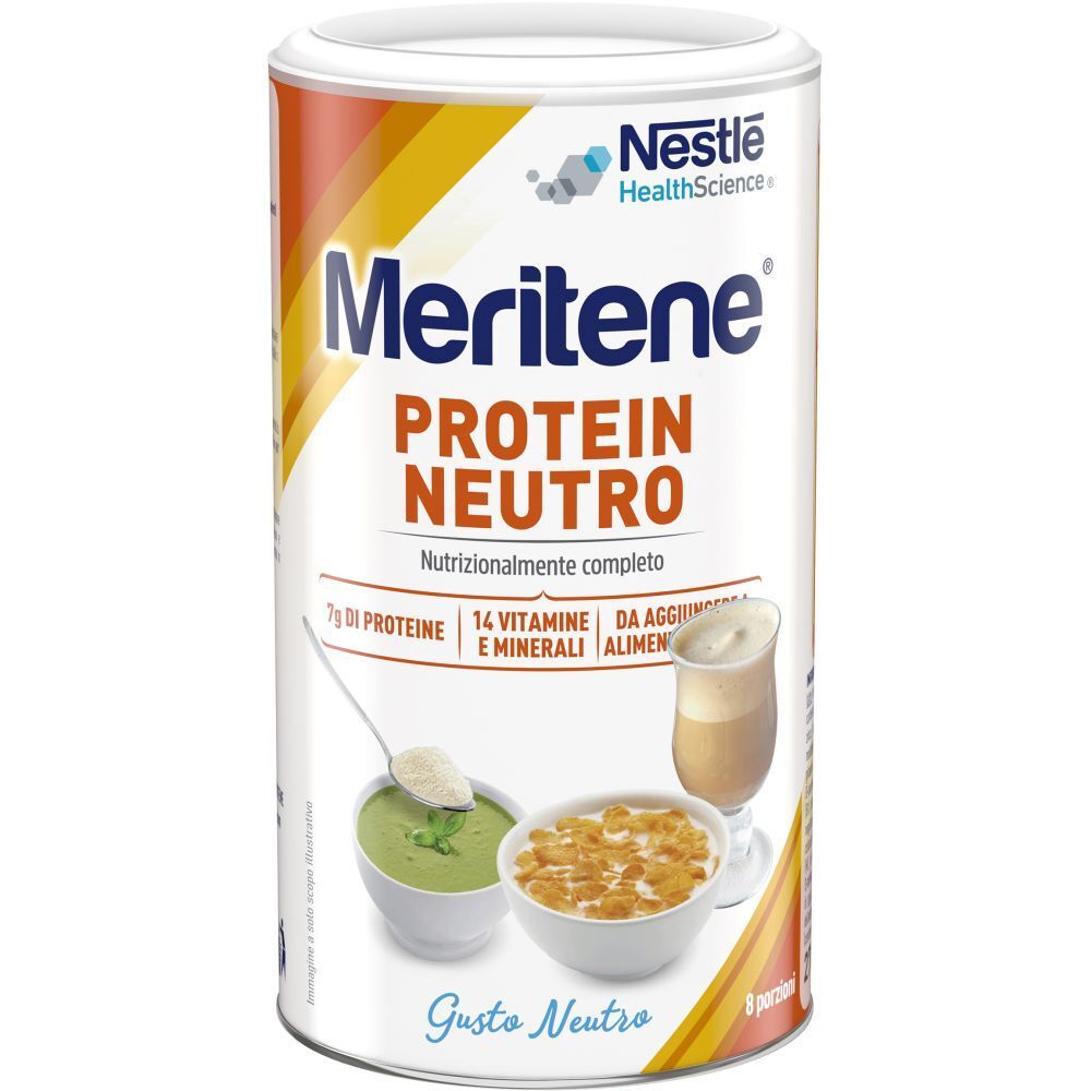 Barattolo Meritene Protein Neutro. Scritta: Protein Neutro, 7g proteine, 14 vitamine e minerali. Immagini di alimenti.