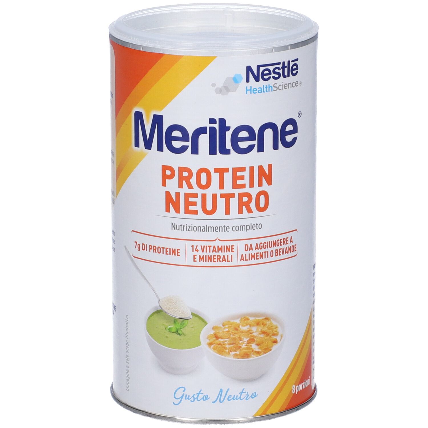 Barattolo Meritene Protein Neutro. Scritta: Protein Neutro, 7g proteine, 14 vitamine e minerali. Immagini di alimenti.